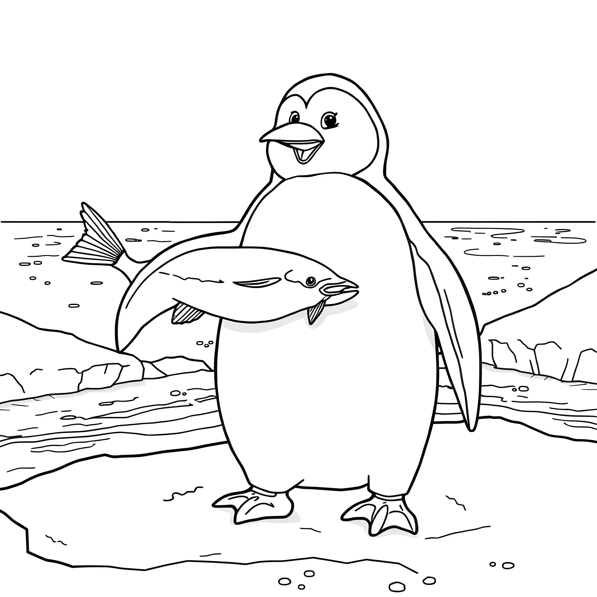 Penguin posing with fish companion in the ocean Coloring Page (free black-and-white line drawing printable PDF for all, from beginners to advanced learners, including children, teens, adults, and seniors)