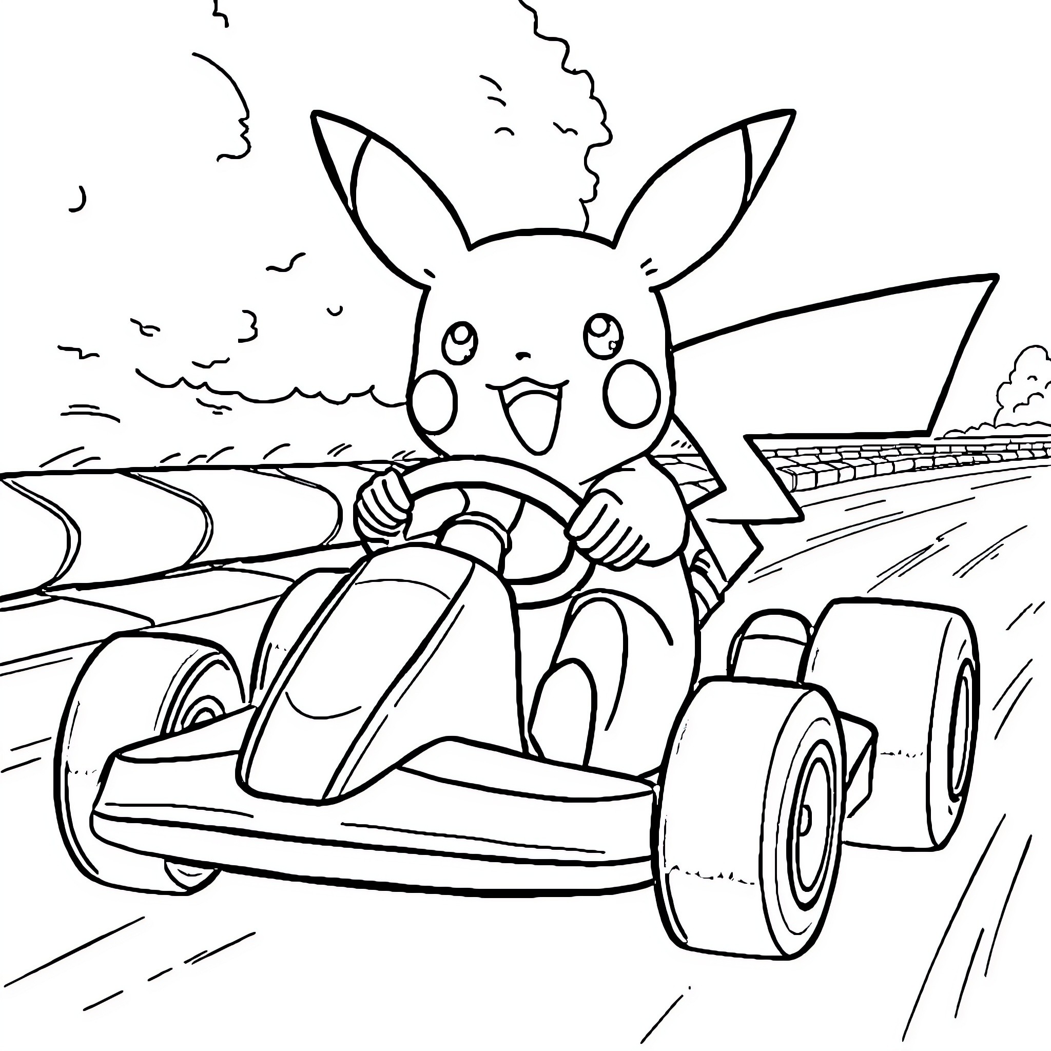 Pikachu driving a racing car Coloring Page (free black-and-white line drawing printable PDF for all, from beginners to advanced learners, including children, teens, adults, and seniors)
