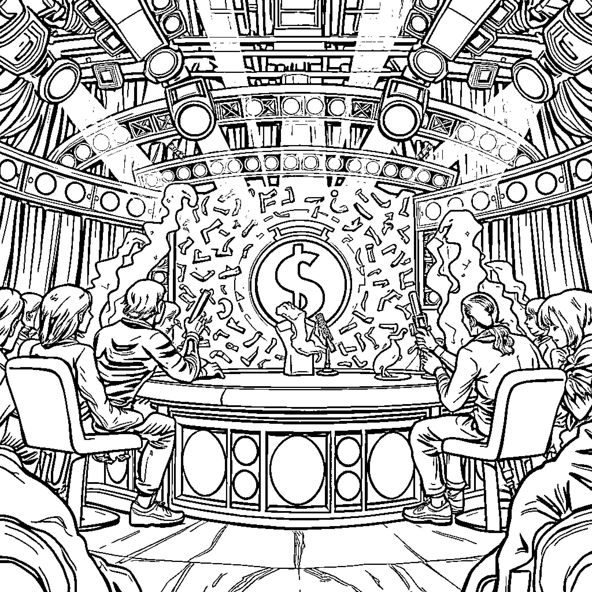 Squid Game: Contestants Competing in Vibrant Game Show Coloring Page (free black-and-white line drawing printable PDF for all, from beginners to advanced learners, including children, teens, adults, and seniors)