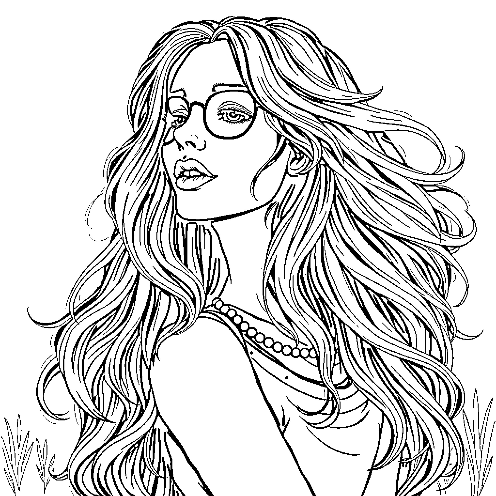 Girl with flowing hair and eyeglasses in nature Coloring Page (free black-and-white line drawing printable PDF for all, from beginners to advanced learners, including children, teens, adults, and seniors)