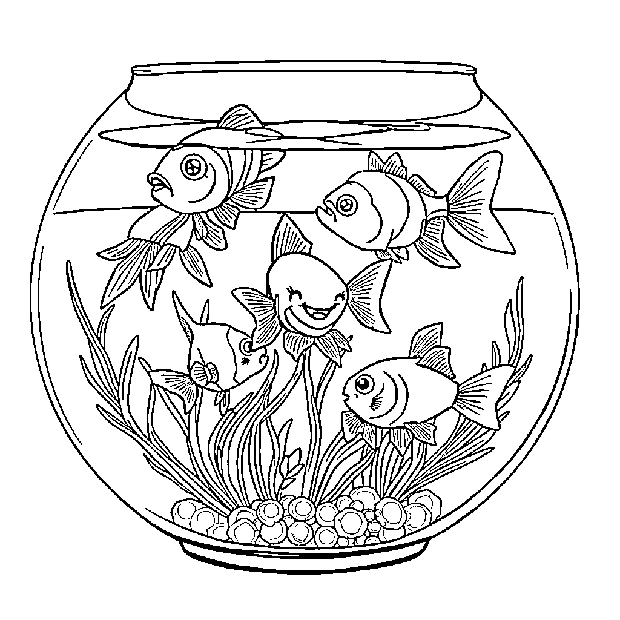 Fish swimming happily in aquarium Coloring Page (free black-and-white line drawing printable PDF for all, from beginners to advanced learners, including children, teens, adults, and seniors)