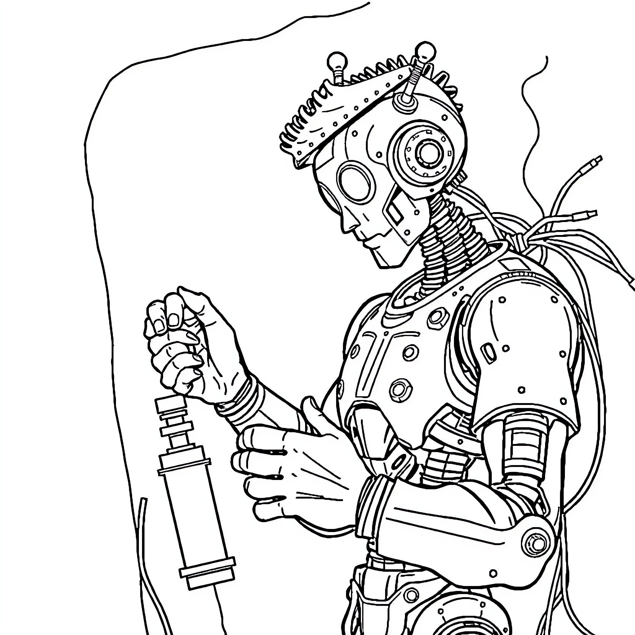 Robot with mechanical limbs and parts in action Coloring Page (free black-and-white line drawing printable PDF for all, from beginners to advanced learners, including children, teens, adults, and seniors)
