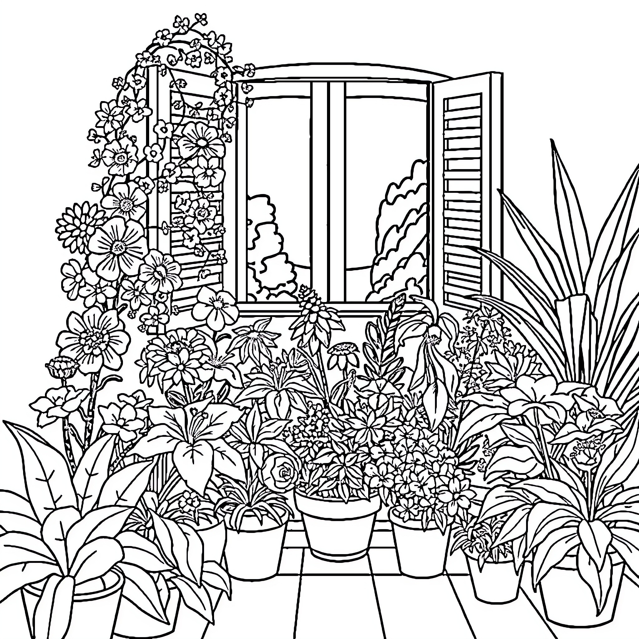 Balcony filled with vibrant flowers and plants Coloring Page (free black-and-white line drawing printable PDF for all, from beginners to advanced learners, including children, teens, adults, and seniors)