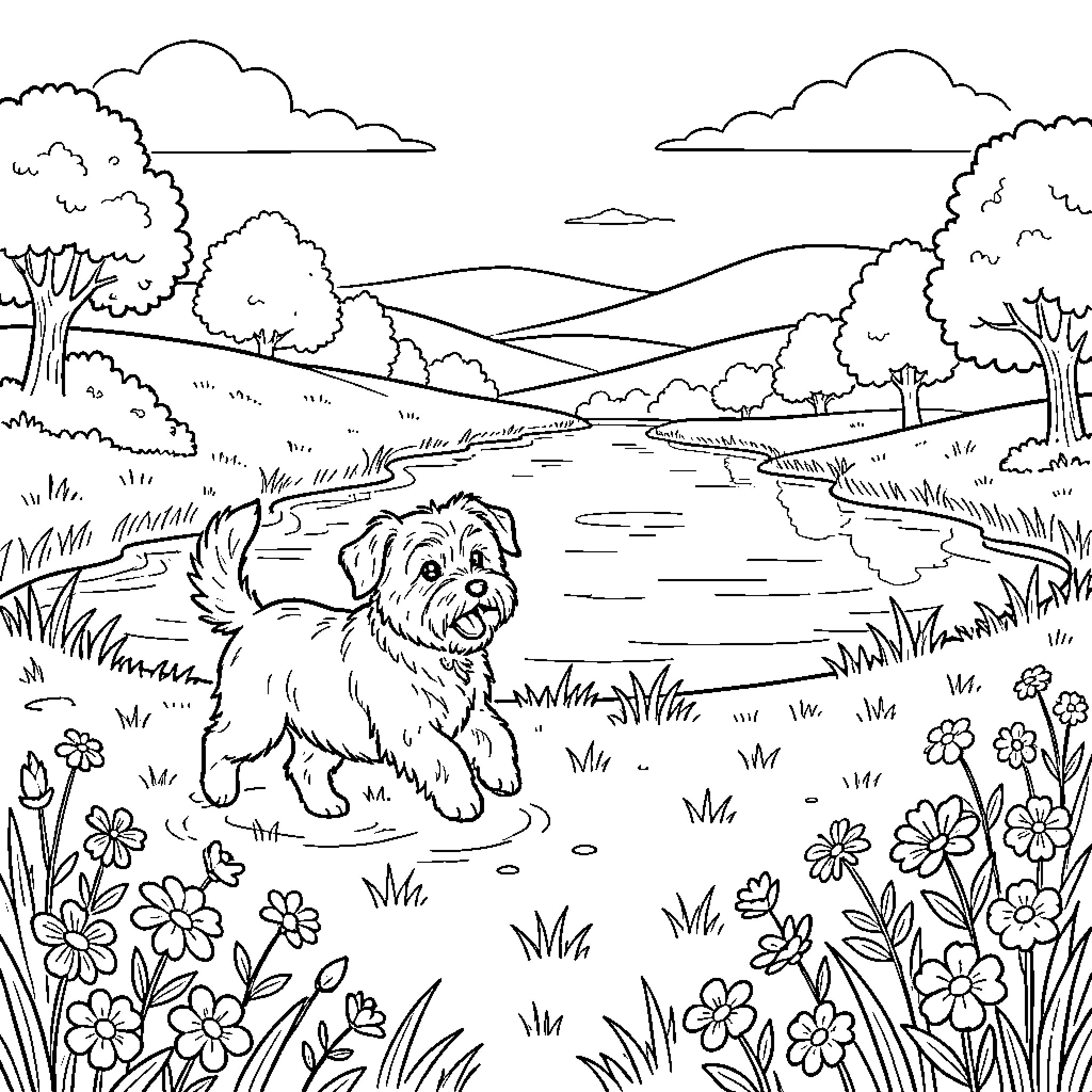 Westie romping through a floral meadow Coloring Page (free black-and-white line drawing printable PDF for all, from beginners to advanced learners, including children, teens, adults, and seniors)