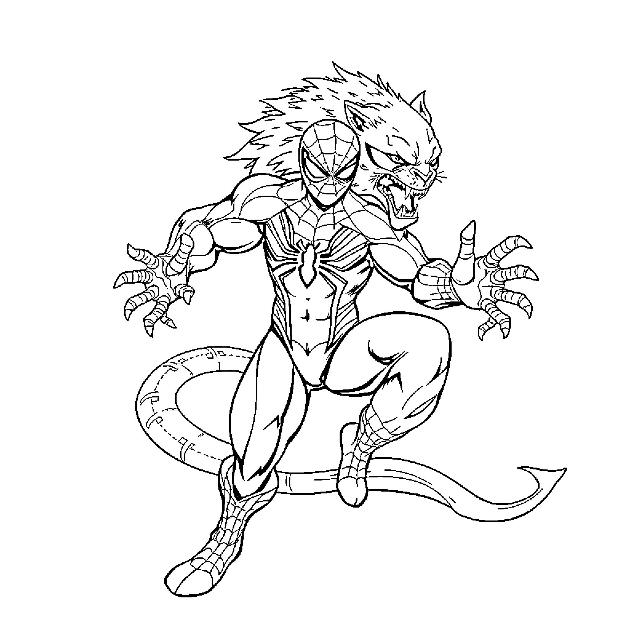 Spiderman Wolf in fierce battle stance Coloring Page (free black-and-white line drawing printable PDF for all, from beginners to advanced learners, including children, teens, adults, and seniors)