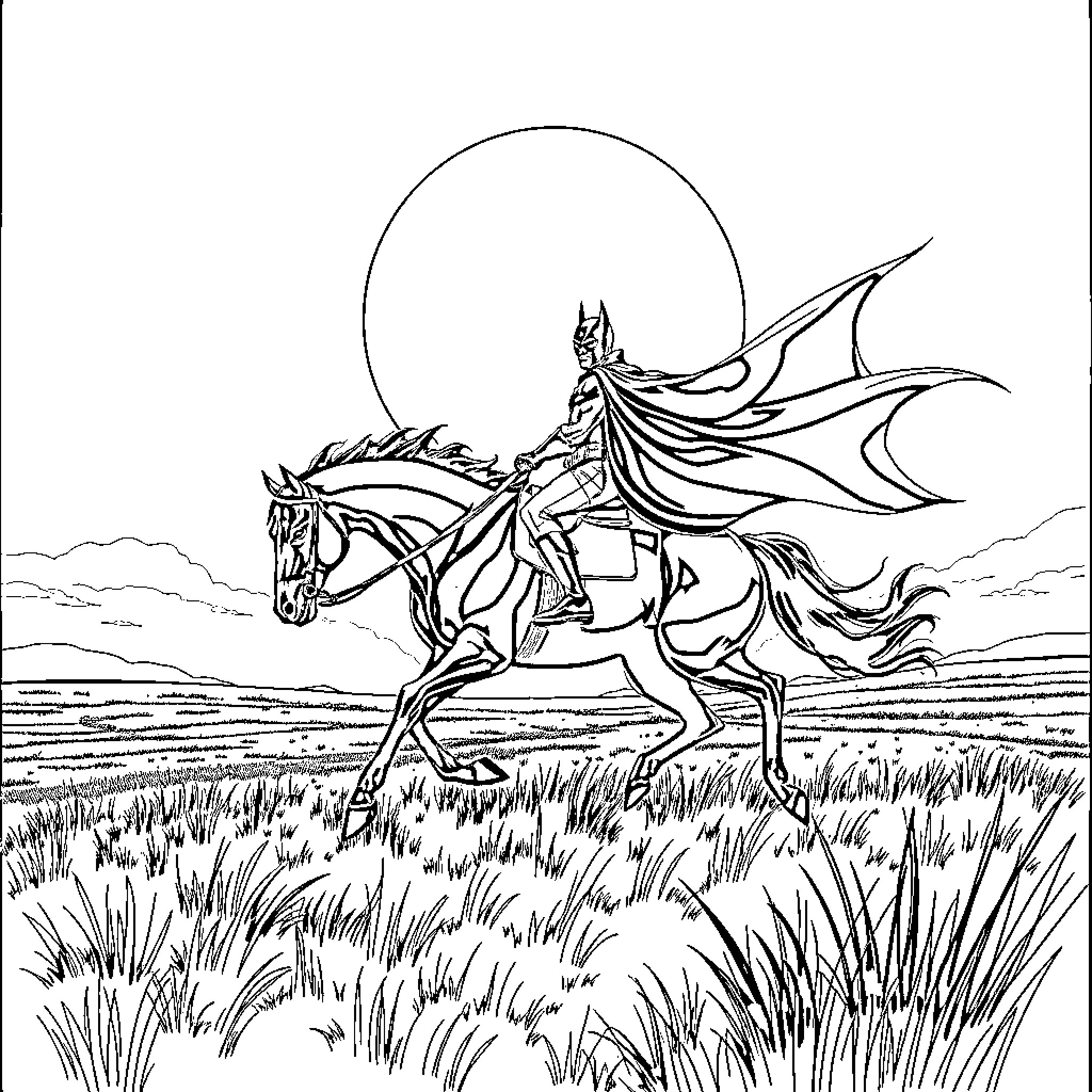 Batman riding heroically on a horse in the wilderness Coloring Page (free black-and-white line drawing printable PDF for all, from beginners to advanced learners, including children, teens, adults, and seniors)