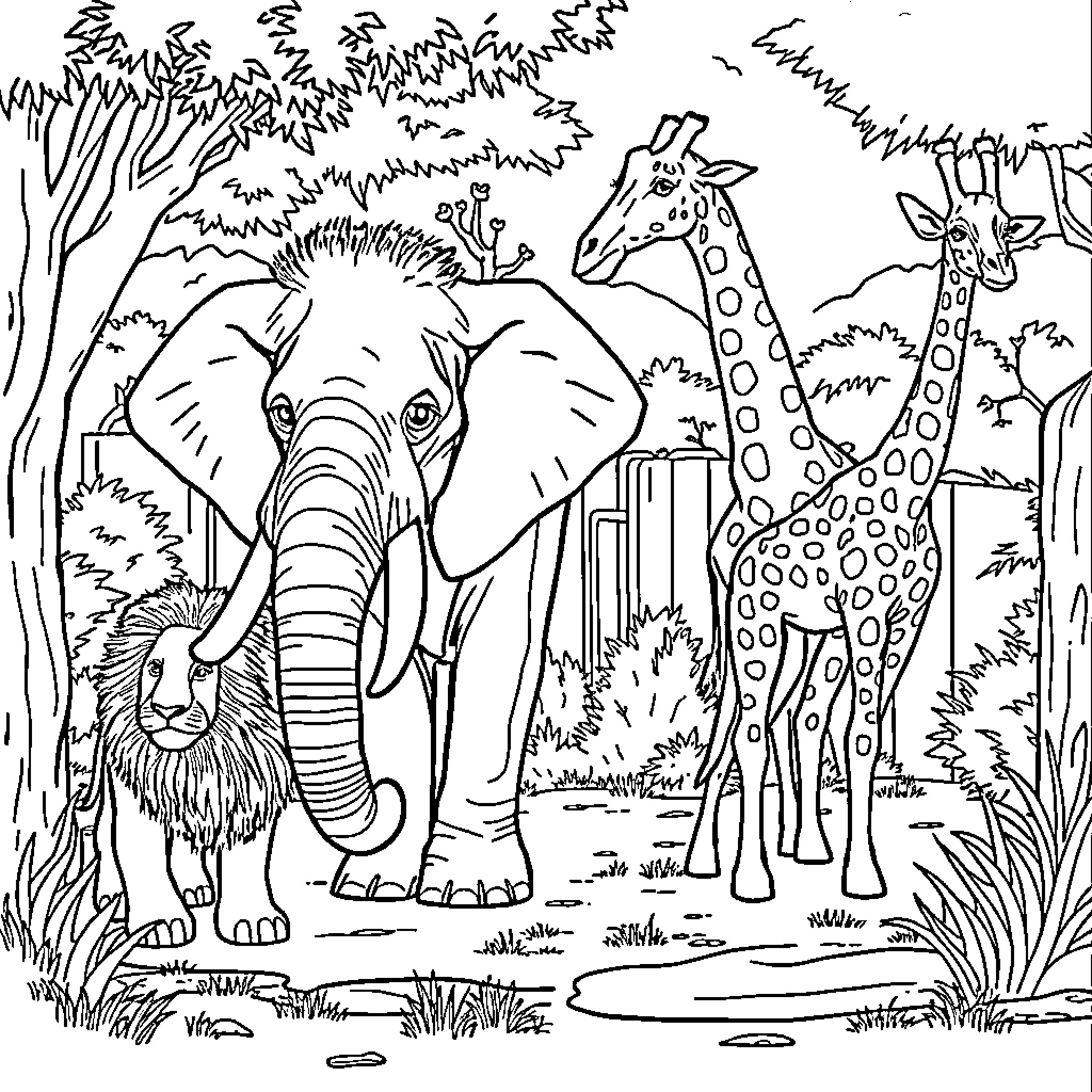 Zoo Animal in Jungle Habitat Coloring Page (free black-and-white line drawing printable PDF for all, from beginners to advanced learners, including children, teens, adults, and seniors)