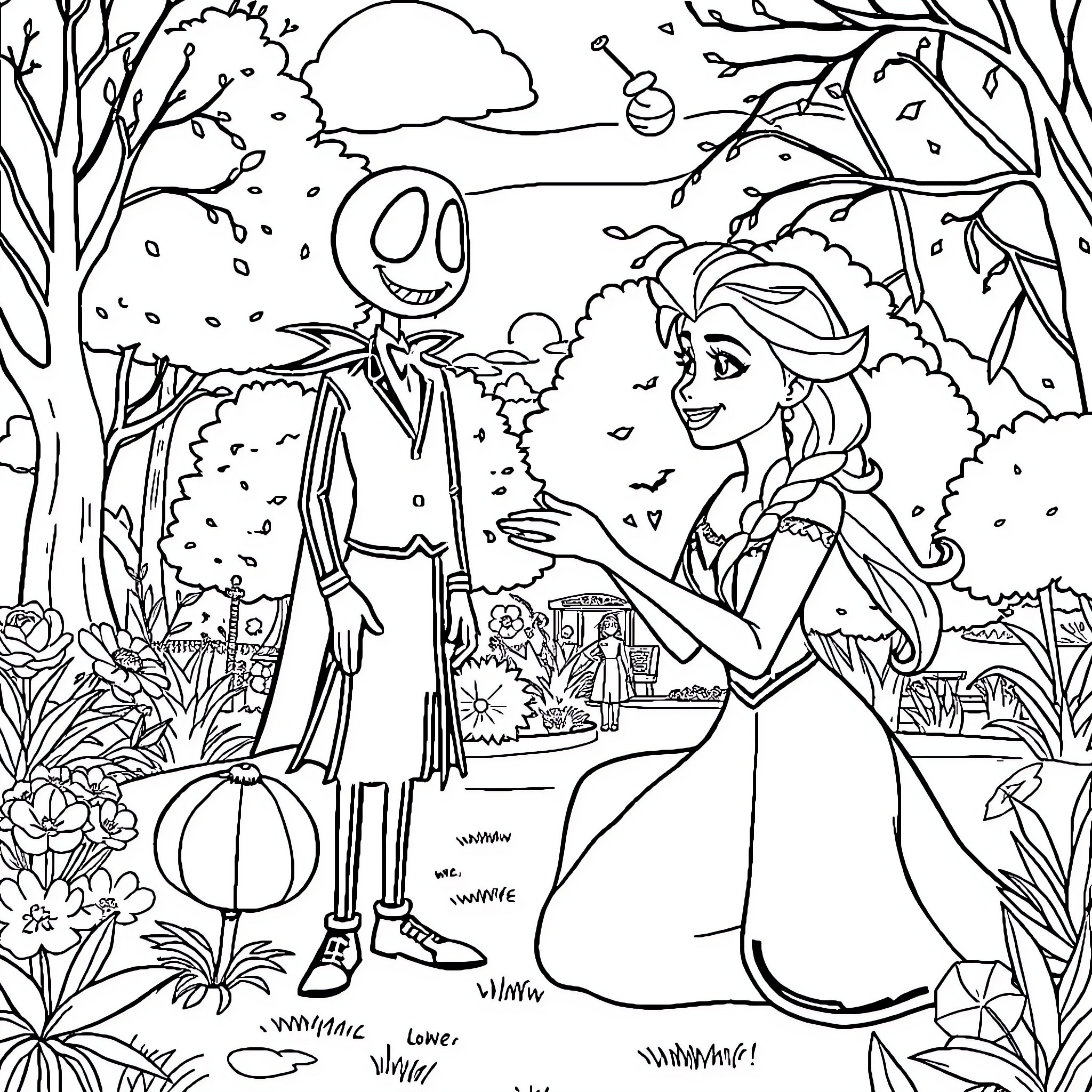 Elsa and Jack Skellington in an Enchanted Forest Coloring Page (free black-and-white line drawing printable PDF for all, from beginners to advanced learners, including children, teens, adults, and seniors)