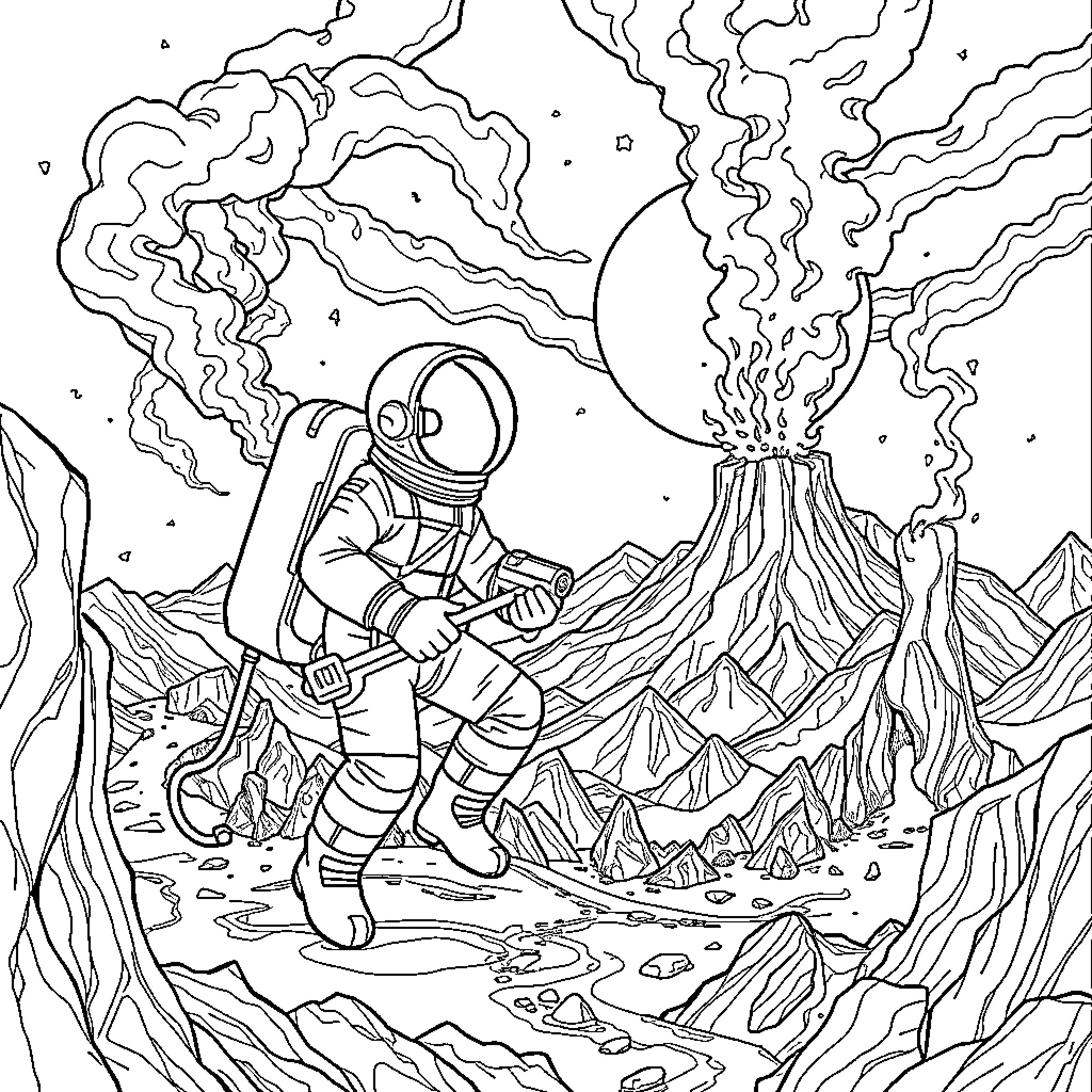 Octonaut exploring a volcanic alien landscape Coloring Page (free black-and-white line drawing printable PDF for all, from beginners to advanced learners, including children, teens, adults, and seniors)