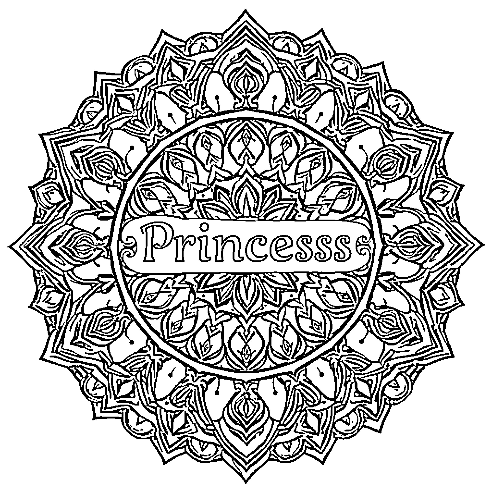 Mandala with princess text and floral designs Coloring Page (free black-and-white line drawing printable PDF for all, from beginners to advanced learners, including children, teens, adults, and seniors)