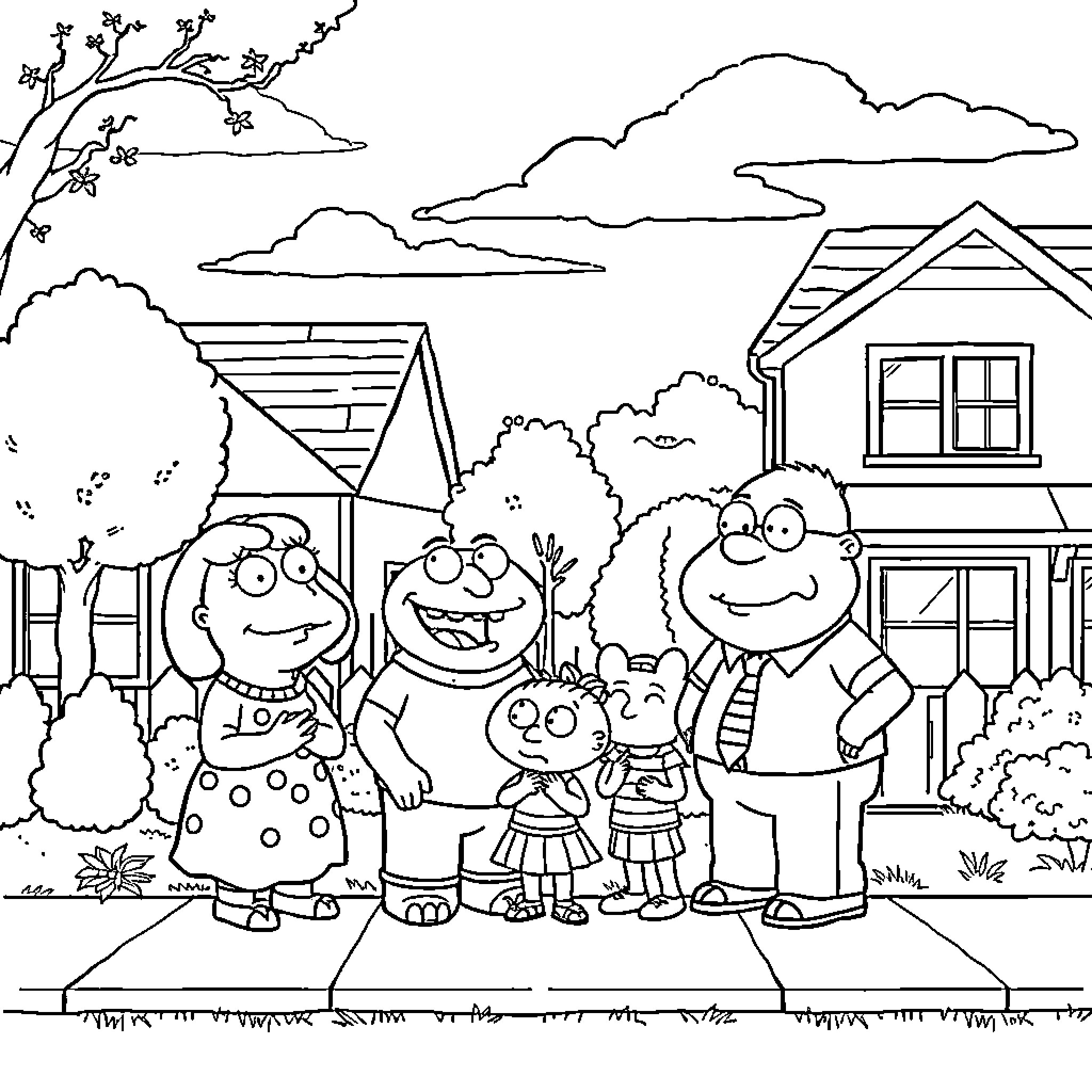 Family Guy Spending Time Together at Home Coloring Page (free black-and-white line drawing printable PDF for all, from beginners to advanced learners, including children, teens, adults, and seniors)