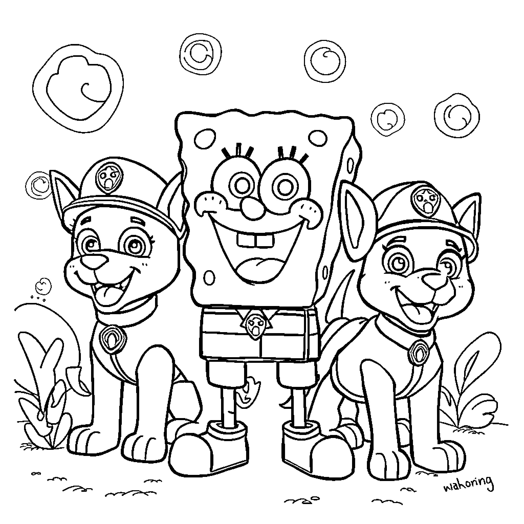 SpongeBob and Paw Patrol characters in a playful scene Coloring Page (free black-and-white line drawing printable PDF for all, from beginners to advanced learners, including children, teens, adults, and seniors)