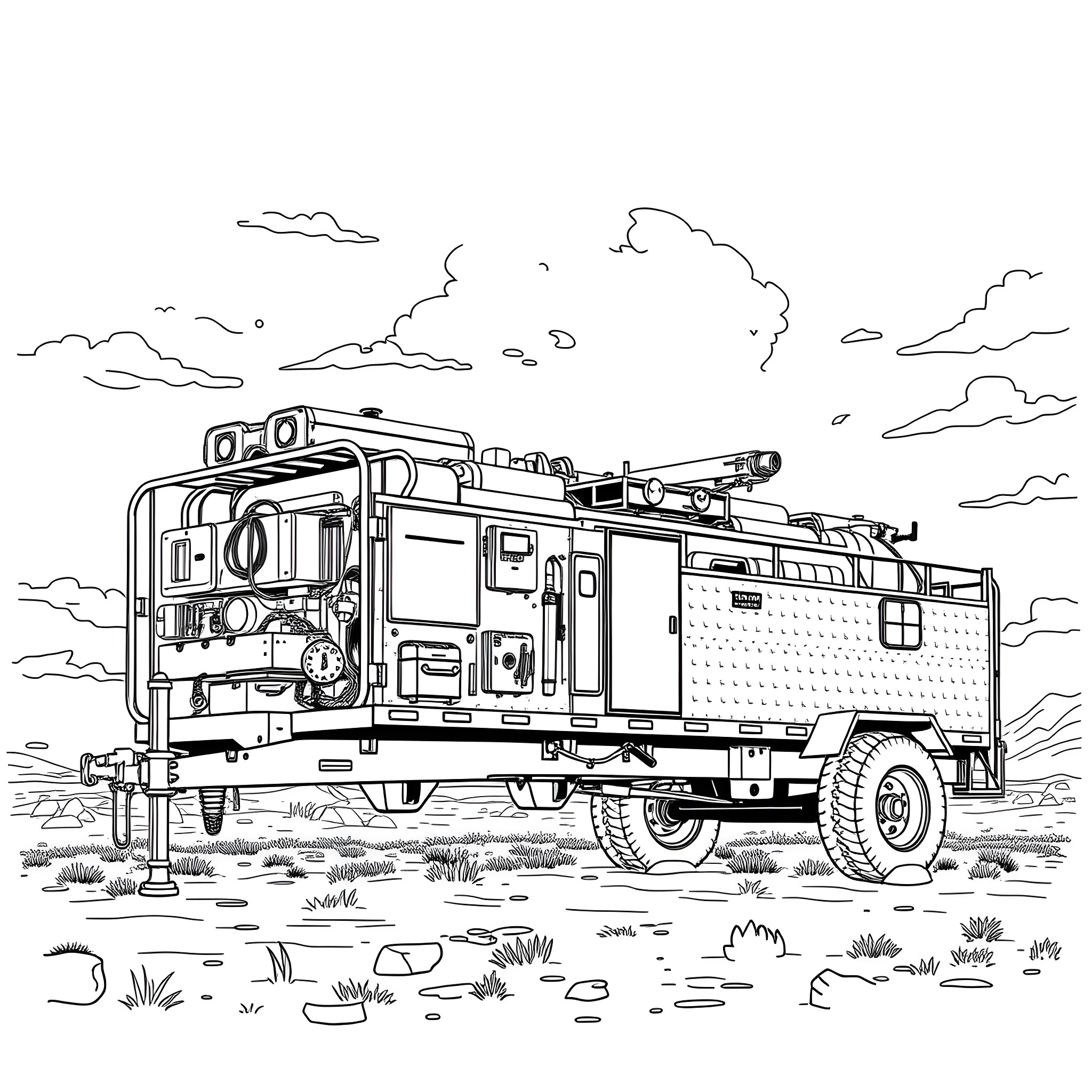 Gooseneck Trailer Carrying Rugged Off-Road Vehicle Coloring Page (free black-and-white line drawing printable PDF for all, from beginners to advanced learners, including children, teens, adults, and seniors)