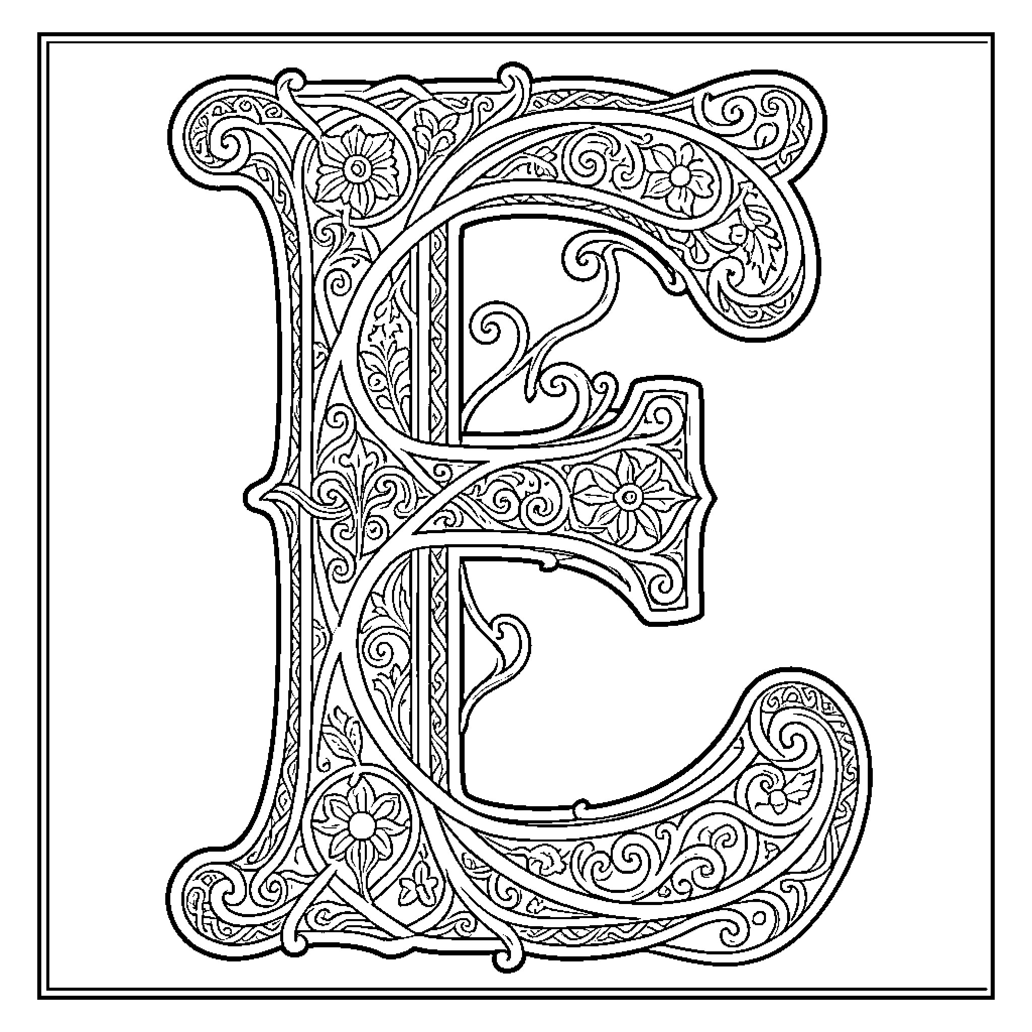 Letter E Ornate Floral Design Coloring Page (free black-and-white line drawing printable PDF for all, from beginners to advanced learners, including children, teens, adults, and seniors)