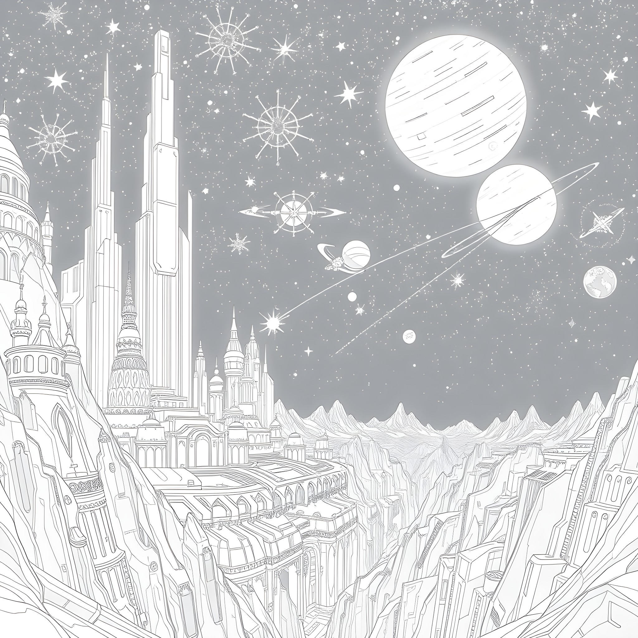 Galaxy City Skyline with Celestial Wonders Coloring Page (free black-and-white line drawing printable PDF for all, from beginners to advanced learners, including children, teens, adults, and seniors)