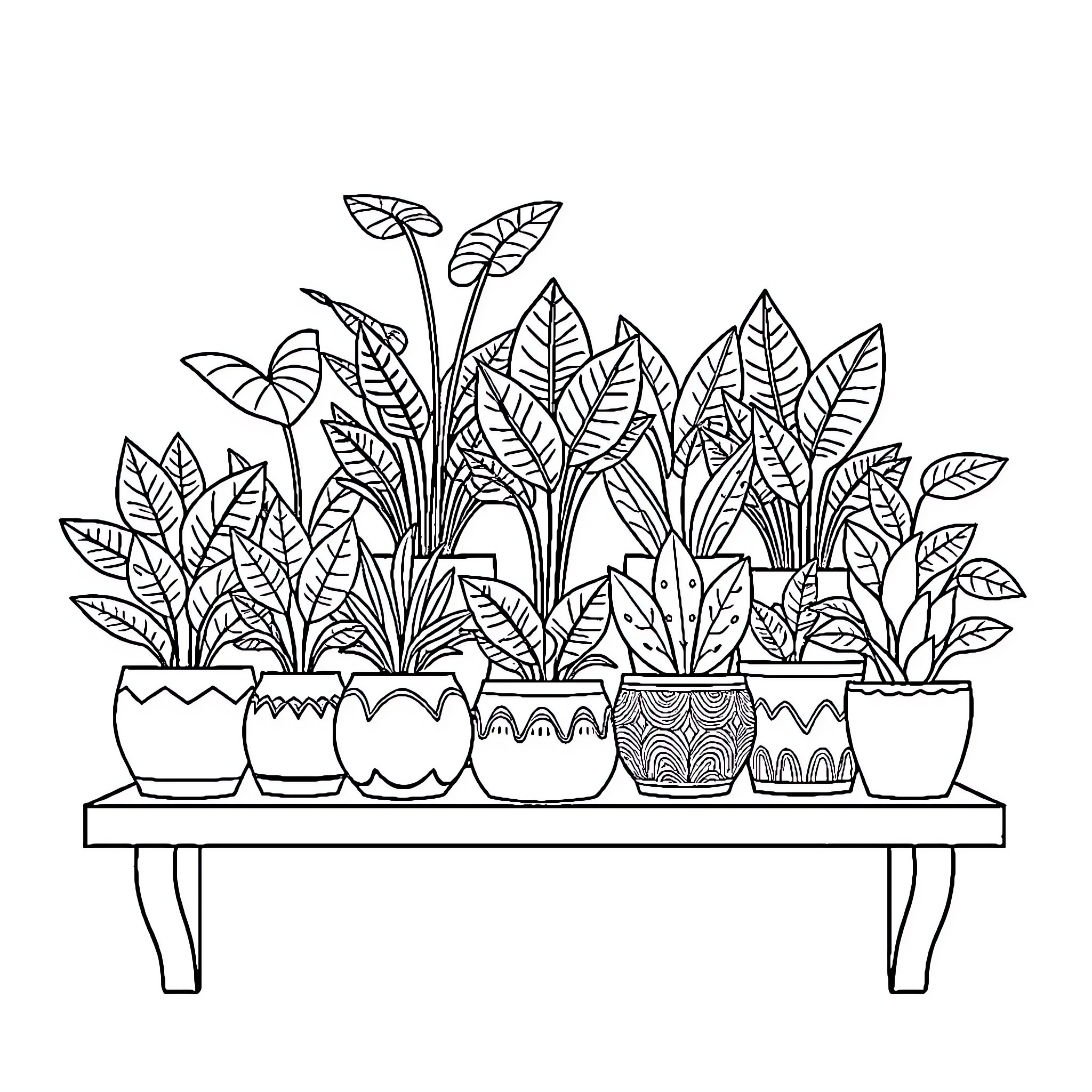 Plant Arrangement with Decorative Potted Houseplants Coloring Page (free black-and-white line drawing printable PDF for all, from beginners to advanced learners, including children, teens, adults, and seniors)