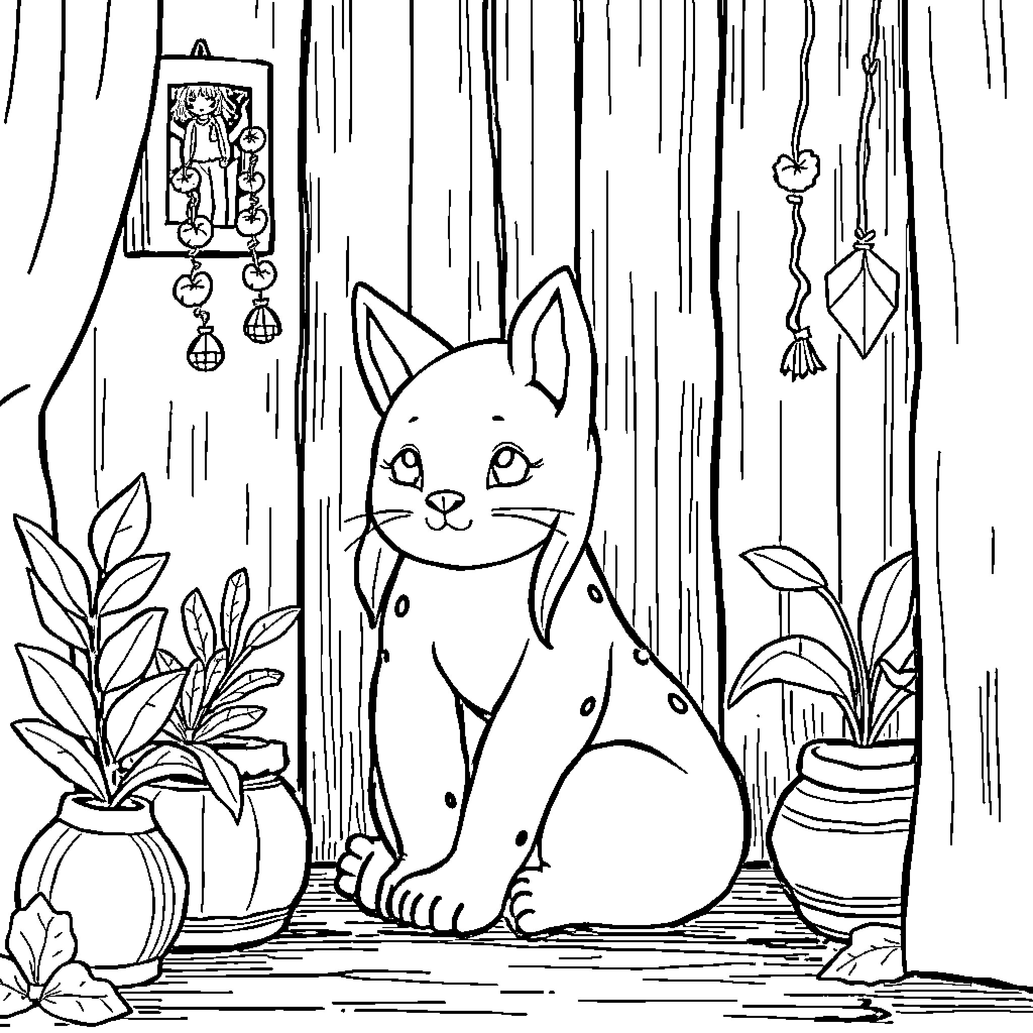 Una Curious Cat Observing Cozy Home Coloring Page (free black-and-white line drawing printable PDF for all, from beginners to advanced learners, including children, teens, adults, and seniors)