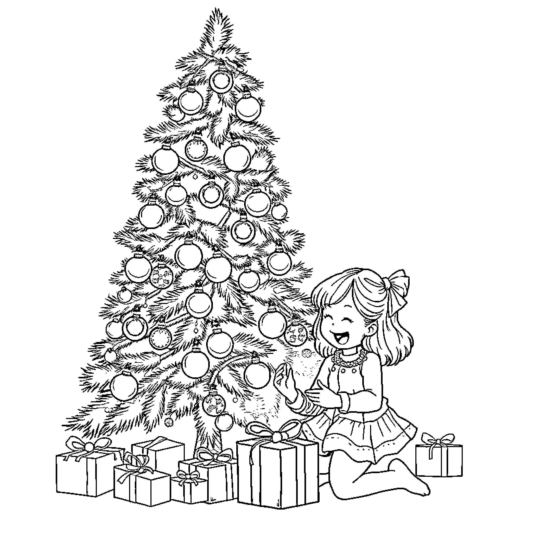 Christmas Tree with Decorations and Young Girl Coloring Page (free black-and-white line drawing printable PDF for all, from beginners to advanced learners, including children, teens, adults, and seniors)