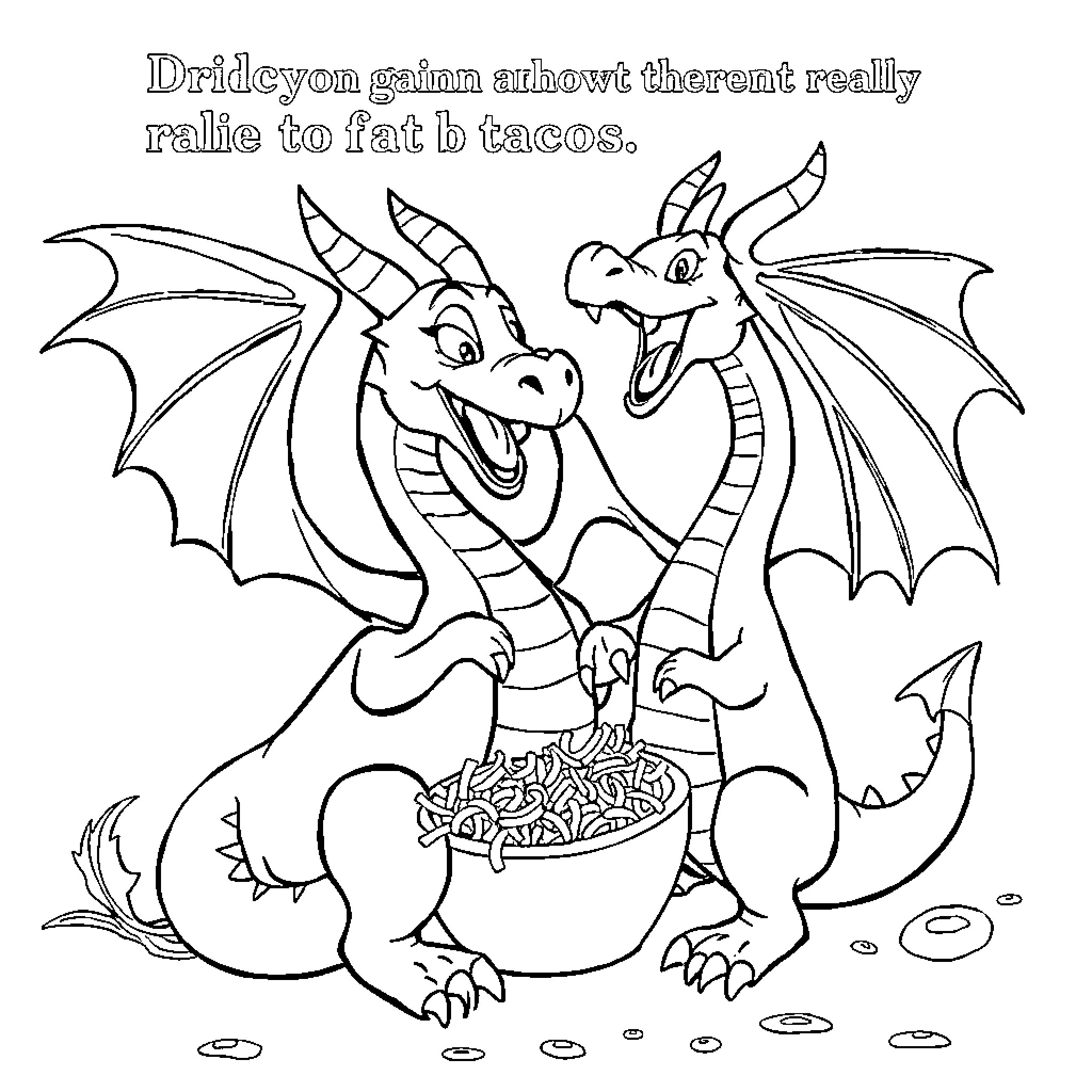 Dragons craving tacos and sharing that desire Coloring Page (free black-and-white line drawing printable PDF for all, from beginners to advanced learners, including children, teens, adults, and seniors)