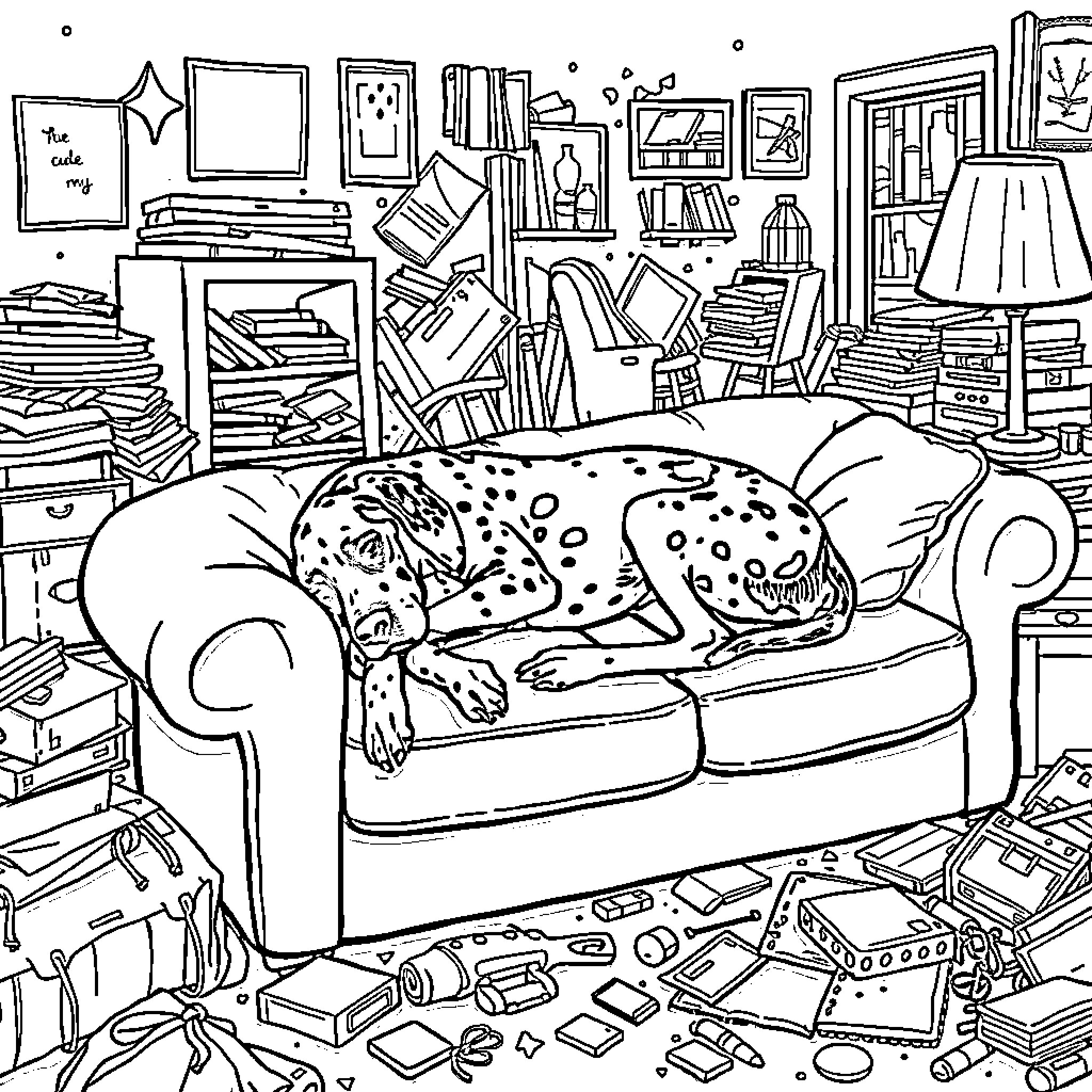 German Shorthaired Pointer Resting Peacefully in a Cluttered Room Coloring Page (free black-and-white line drawing printable PDF for all, from beginners to advanced learners, including children, teens, adults, and seniors)