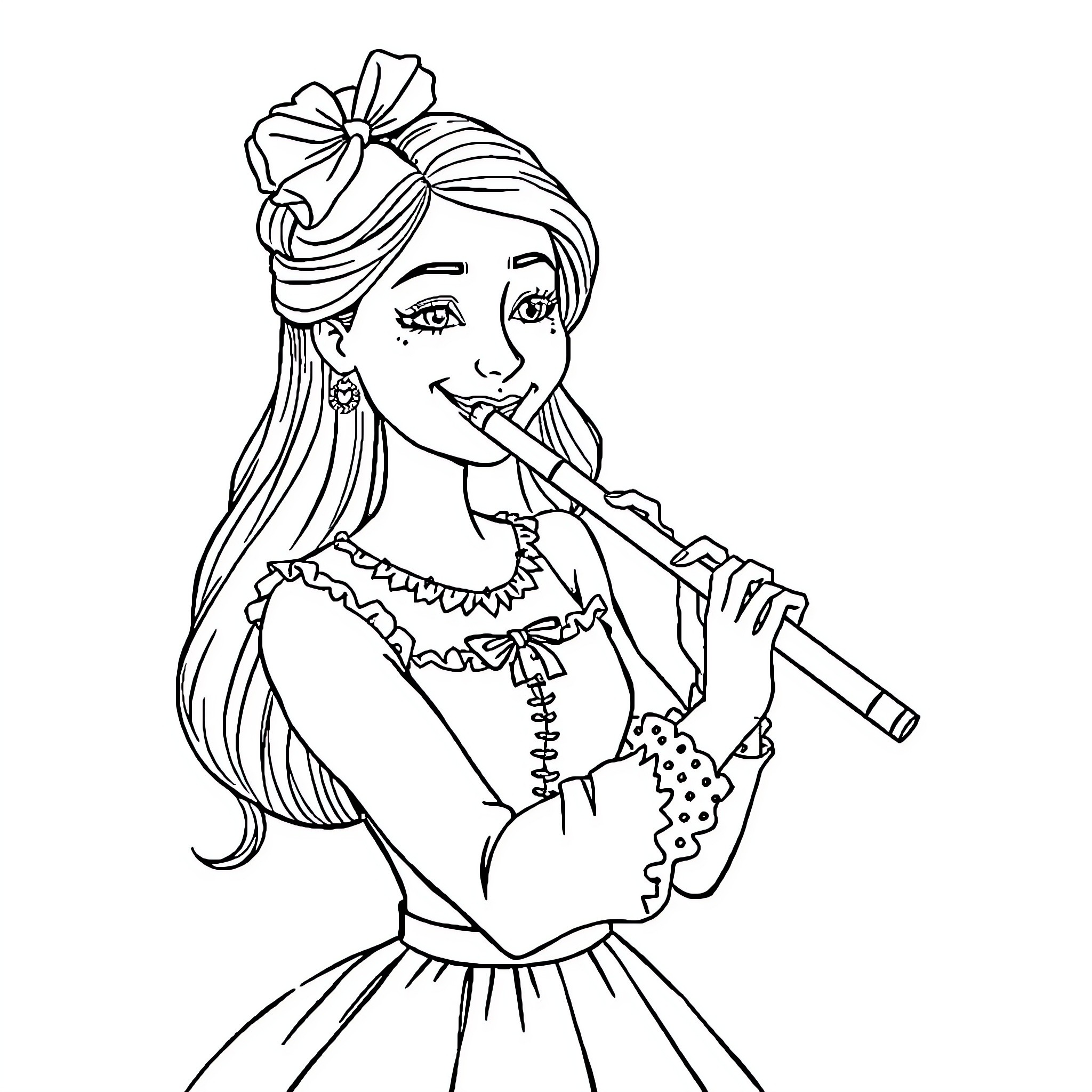 Woman playing a musical instrument Coloring Page (free black-and-white line drawing printable PDF for all, from beginners to advanced learners, including children, teens, adults, and seniors)