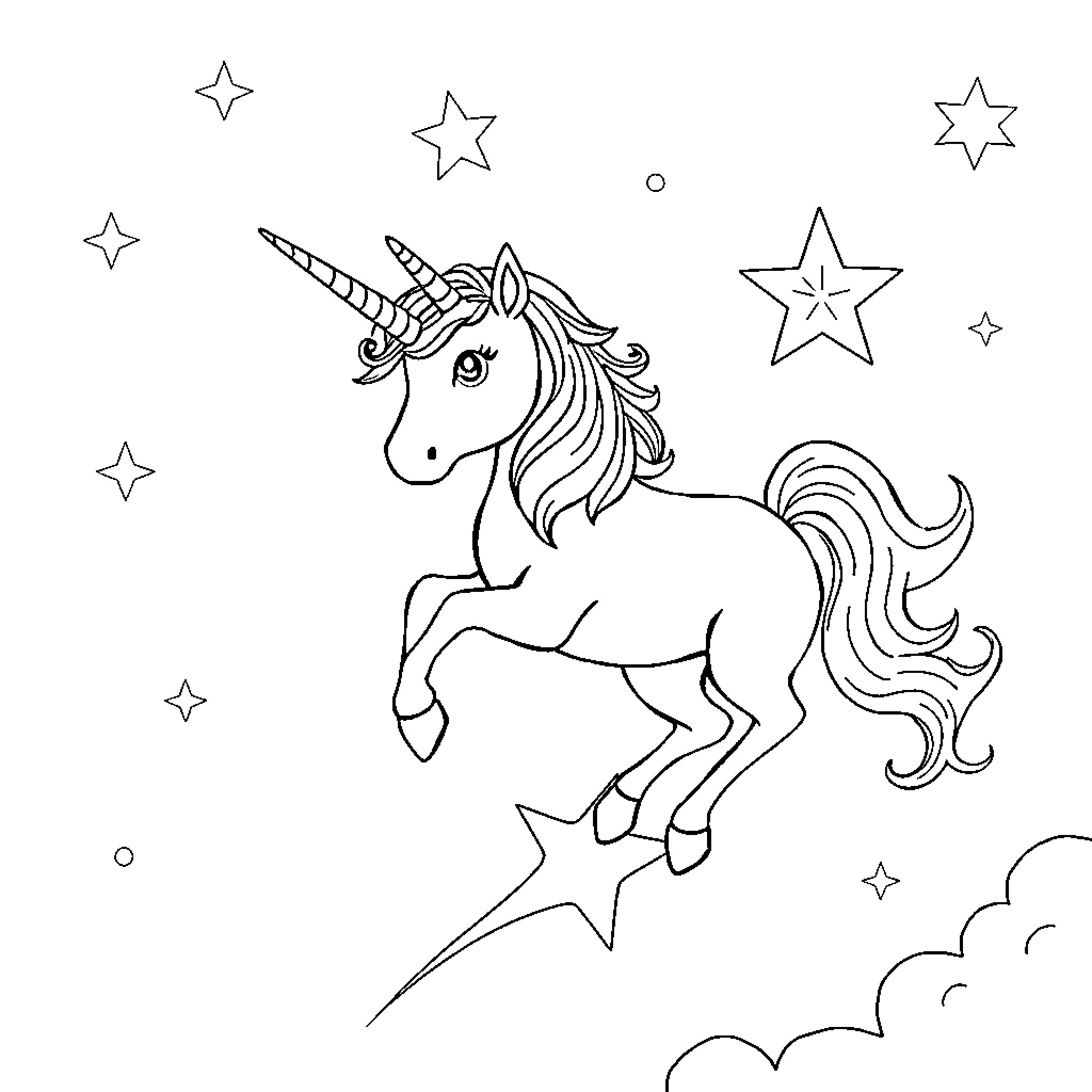 Unicorn galloping through a starry night sky Coloring Page (free black-and-white line drawing printable PDF for all, from beginners to advanced learners, including children, teens, adults, and seniors)