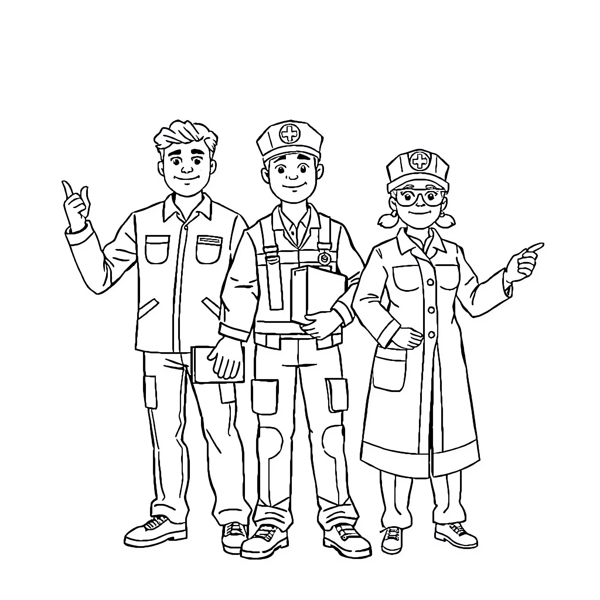 Professions at work: workers, officer, and engineer Coloring Page (free black-and-white line drawing printable PDF for all, from beginners to advanced learners, including children, teens, adults, and seniors)