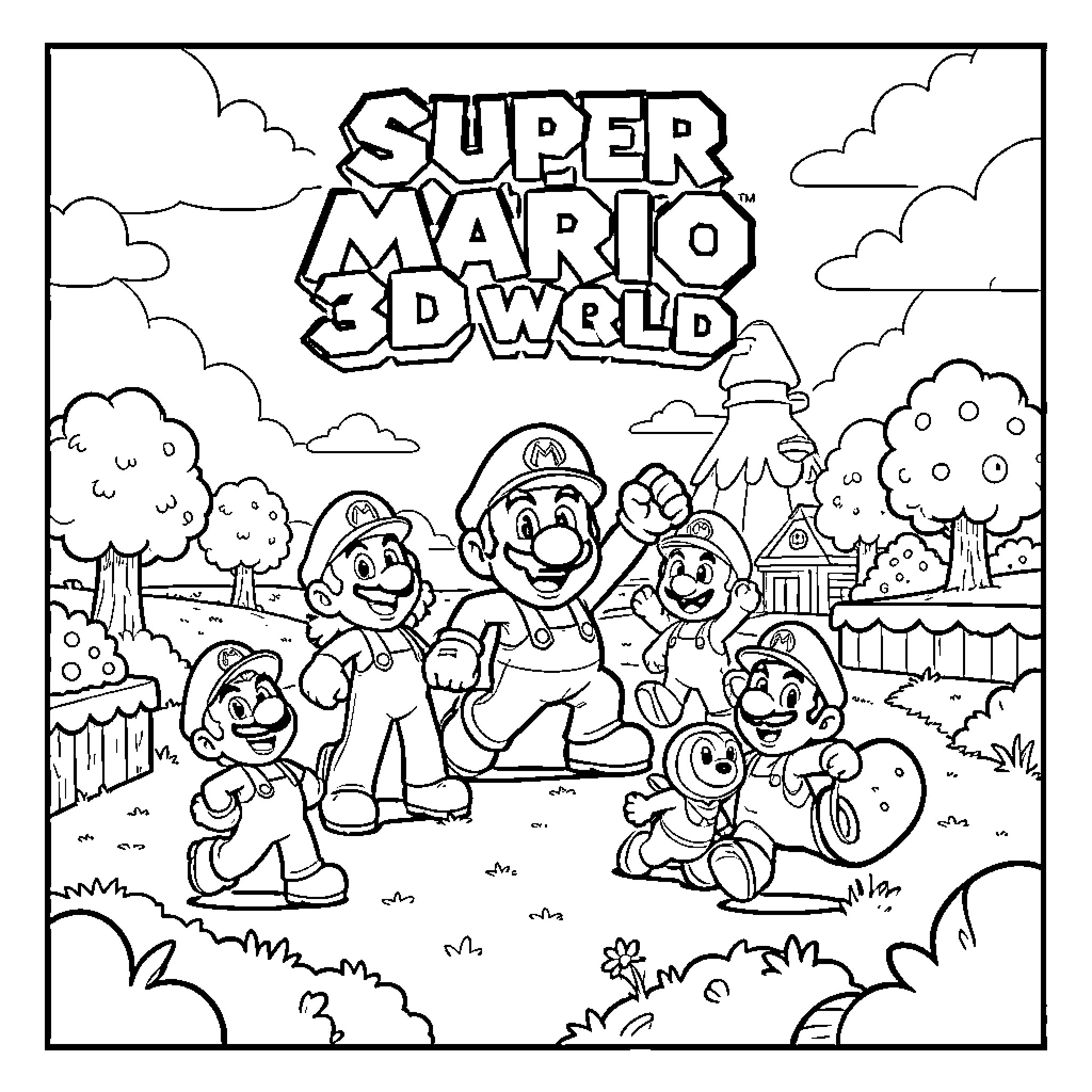 Mario and friends exploring the 3D world Coloring Page (free black-and-white line drawing printable PDF for all, from beginners to advanced learners, including children, teens, adults, and seniors)