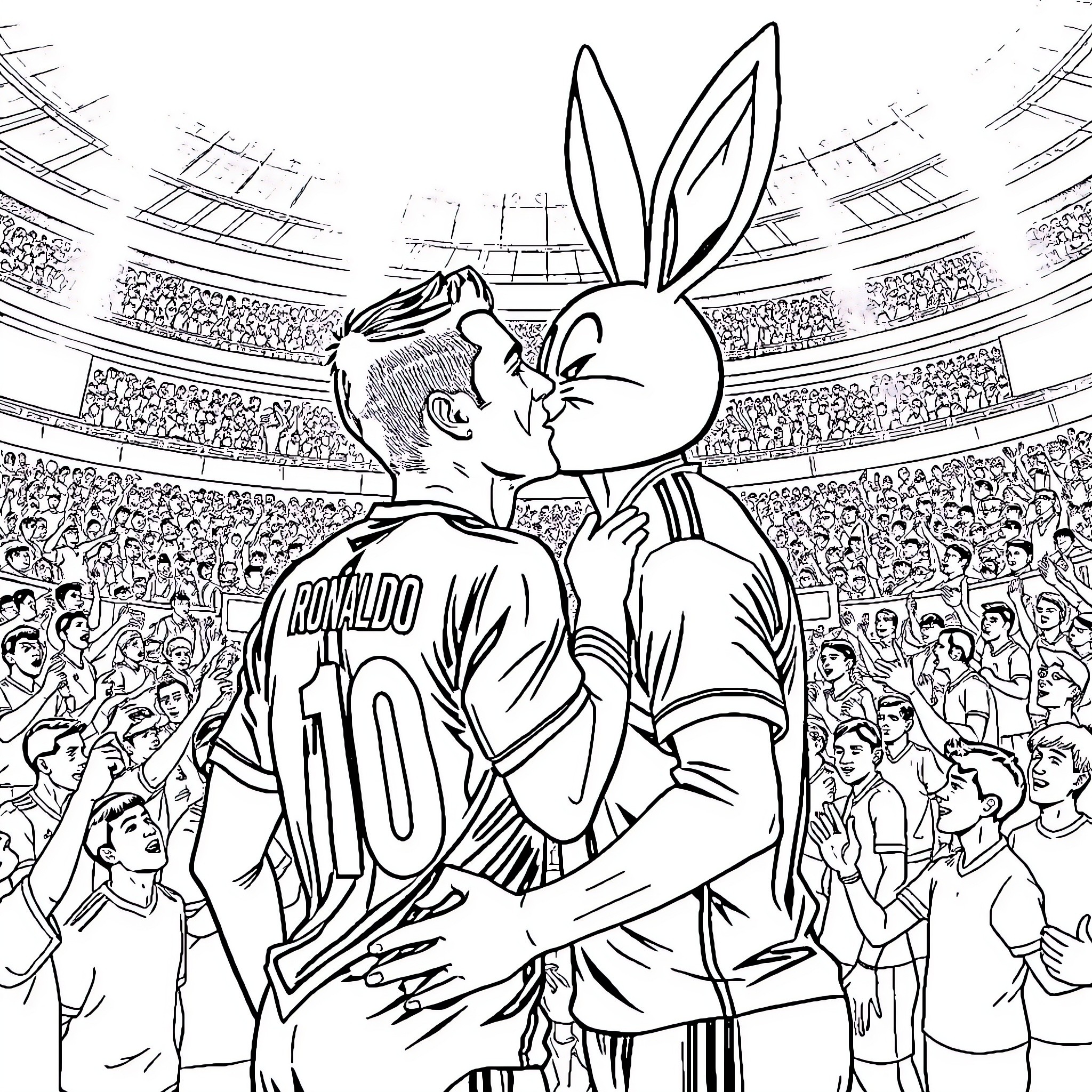 Cristiano Ronaldo Celebrating with Bugs Bunny in a Sports Stadium Coloring Page (free black-and-white line drawing printable PDF for all, from beginners to advanced learners, including children, teens, adults, and seniors)