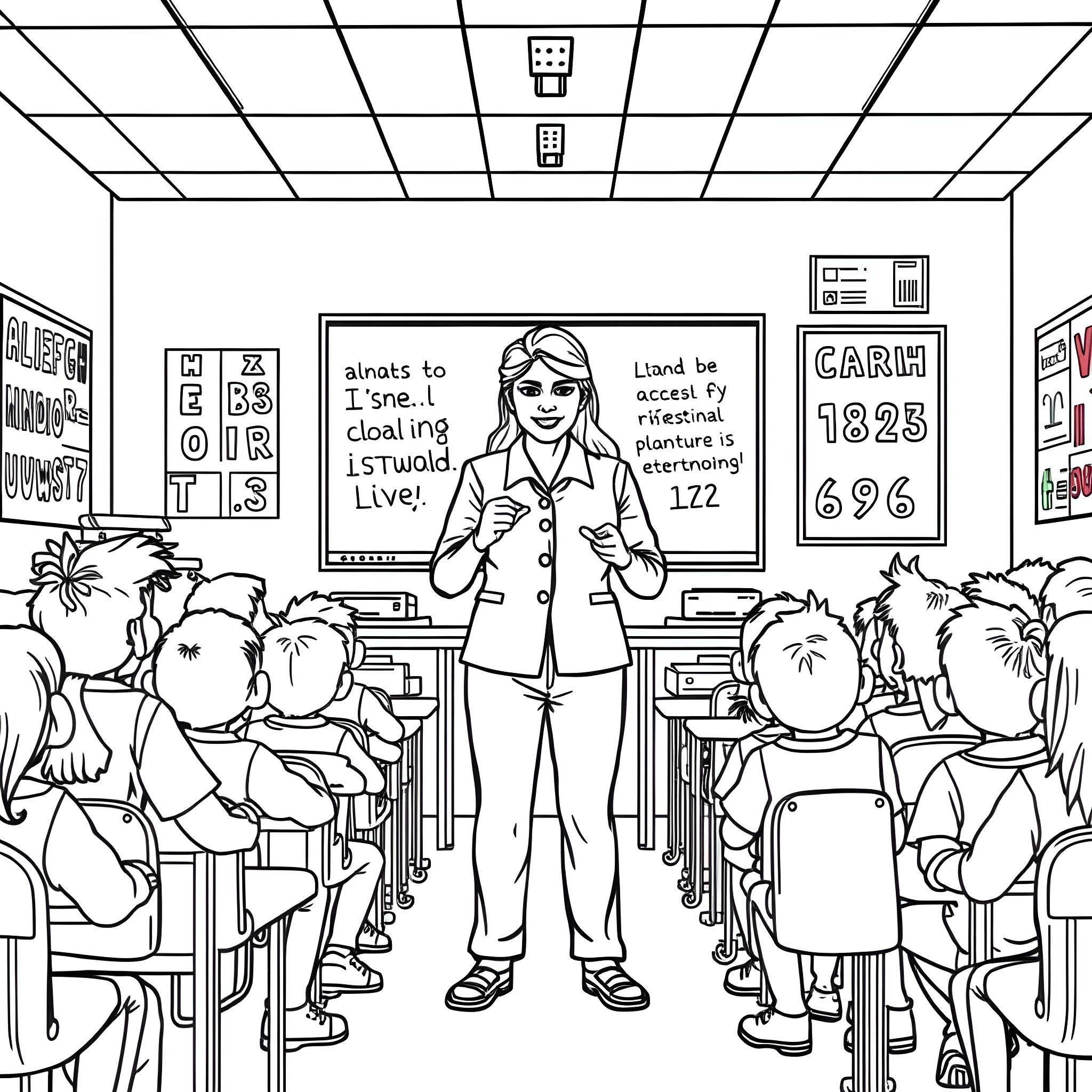 Teacher giving lesson to students in the classroom Coloring Page (free black-and-white line drawing printable PDF for all, from beginners to advanced learners, including children, teens, adults, and seniors)