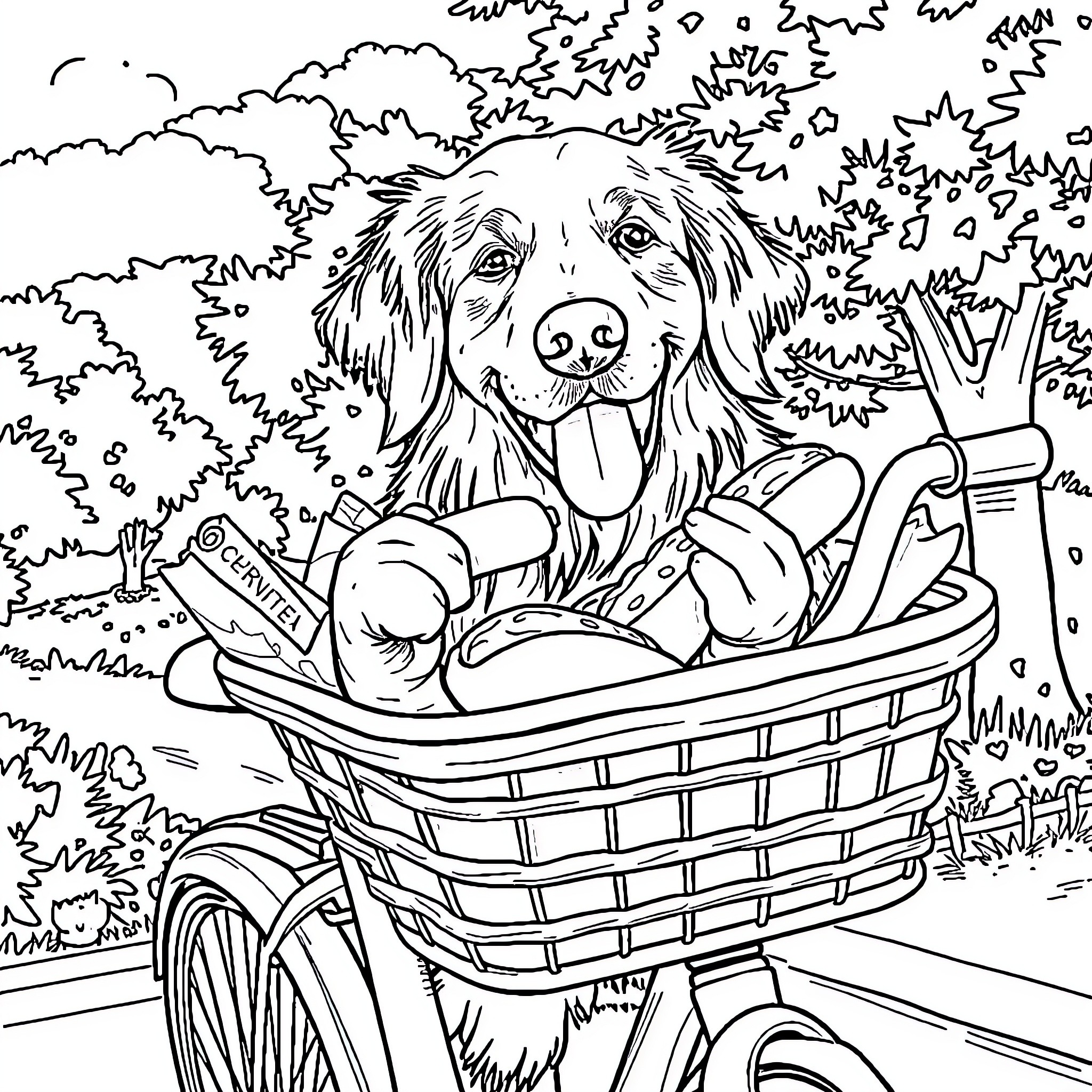 Golden Retriever riding a bicycle through the park Coloring Page (free black-and-white line drawing printable PDF for all, from beginners to advanced learners, including children, teens, adults, and seniors)
