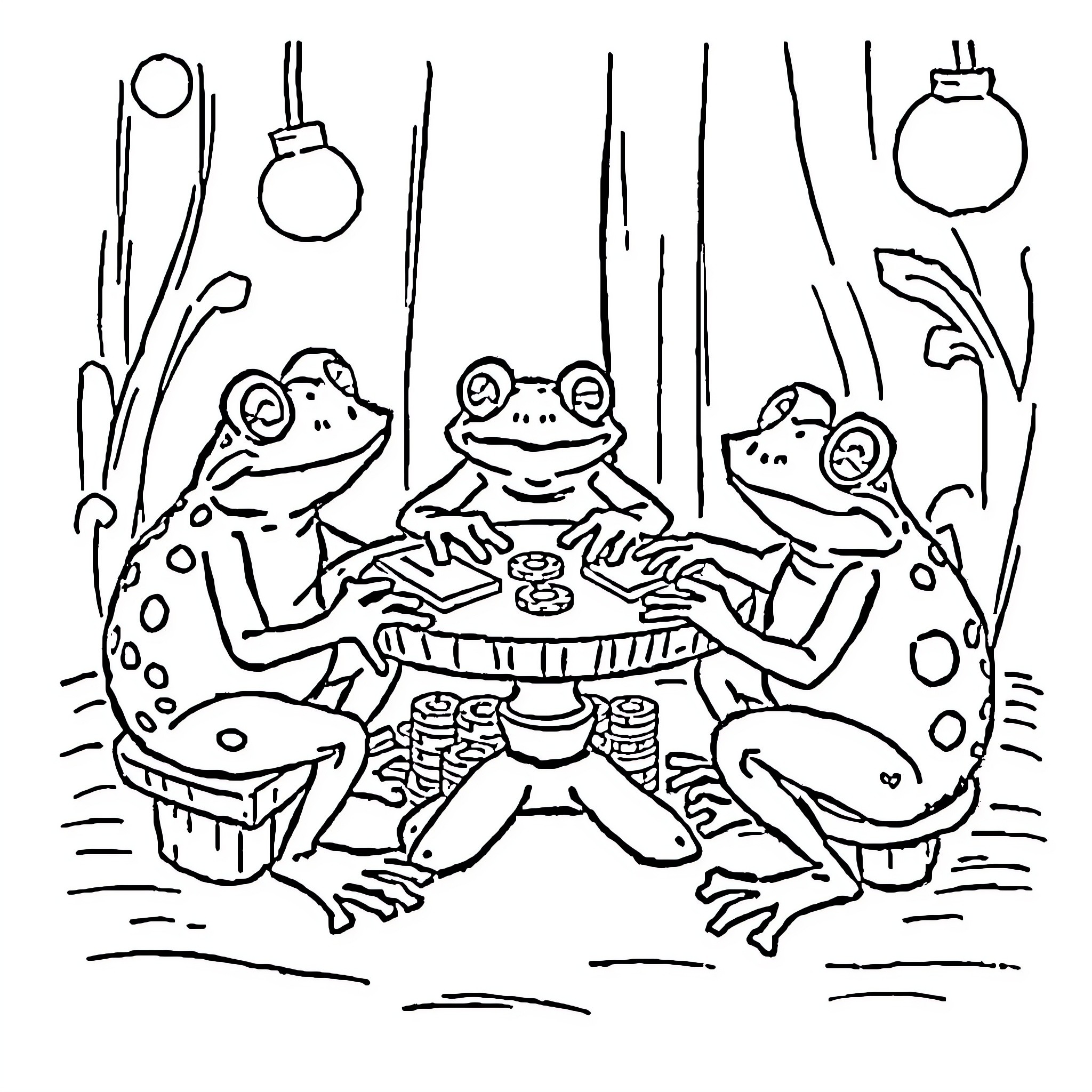 Frogs having a party in the pond Coloring Page (free black-and-white line drawing printable PDF for all, from beginners to advanced learners, including children, teens, adults, and seniors)