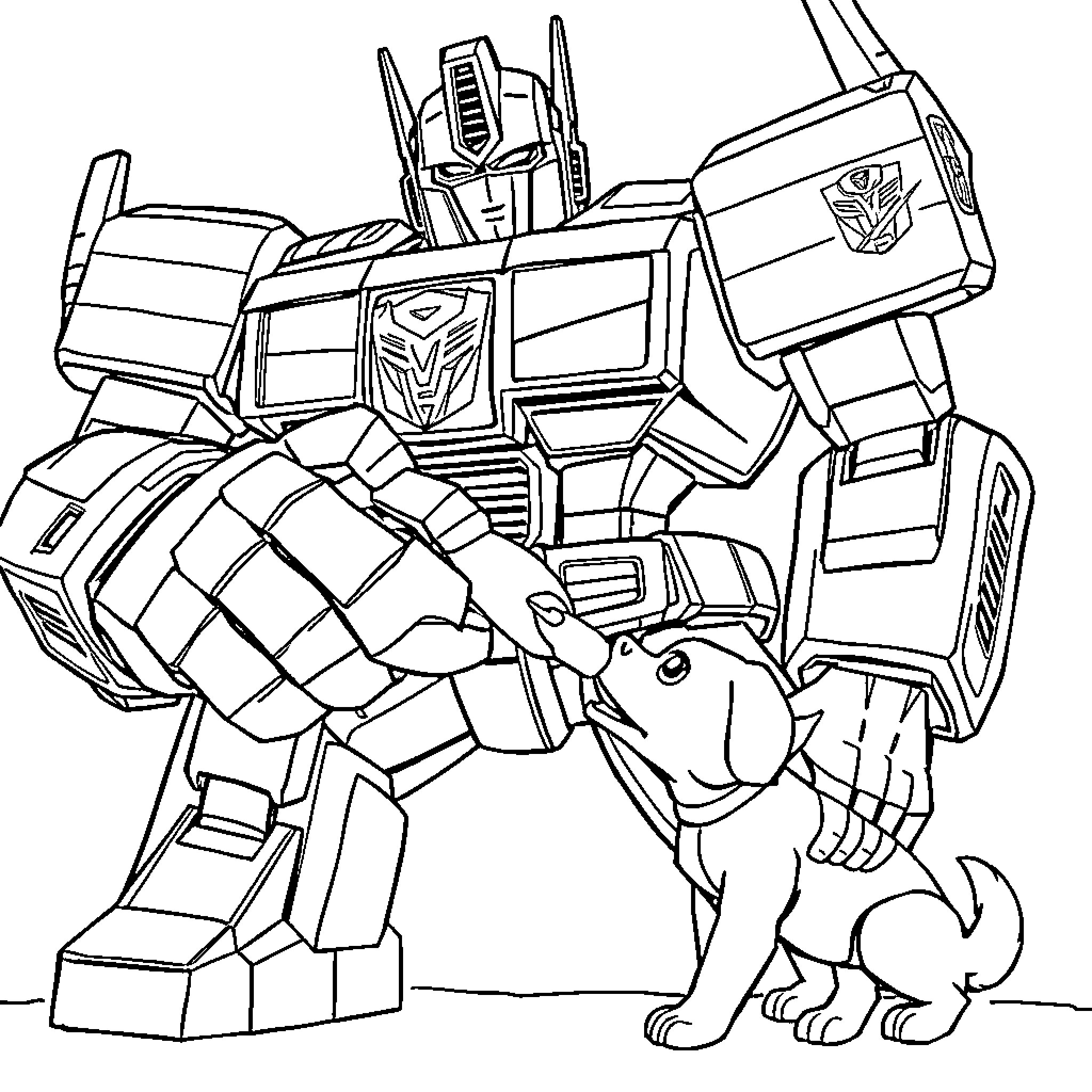 Optimus Prime and Faithful Companion Coloring Page (free black-and-white line drawing printable PDF for all, from beginners to advanced learners, including children, teens, adults, and seniors)