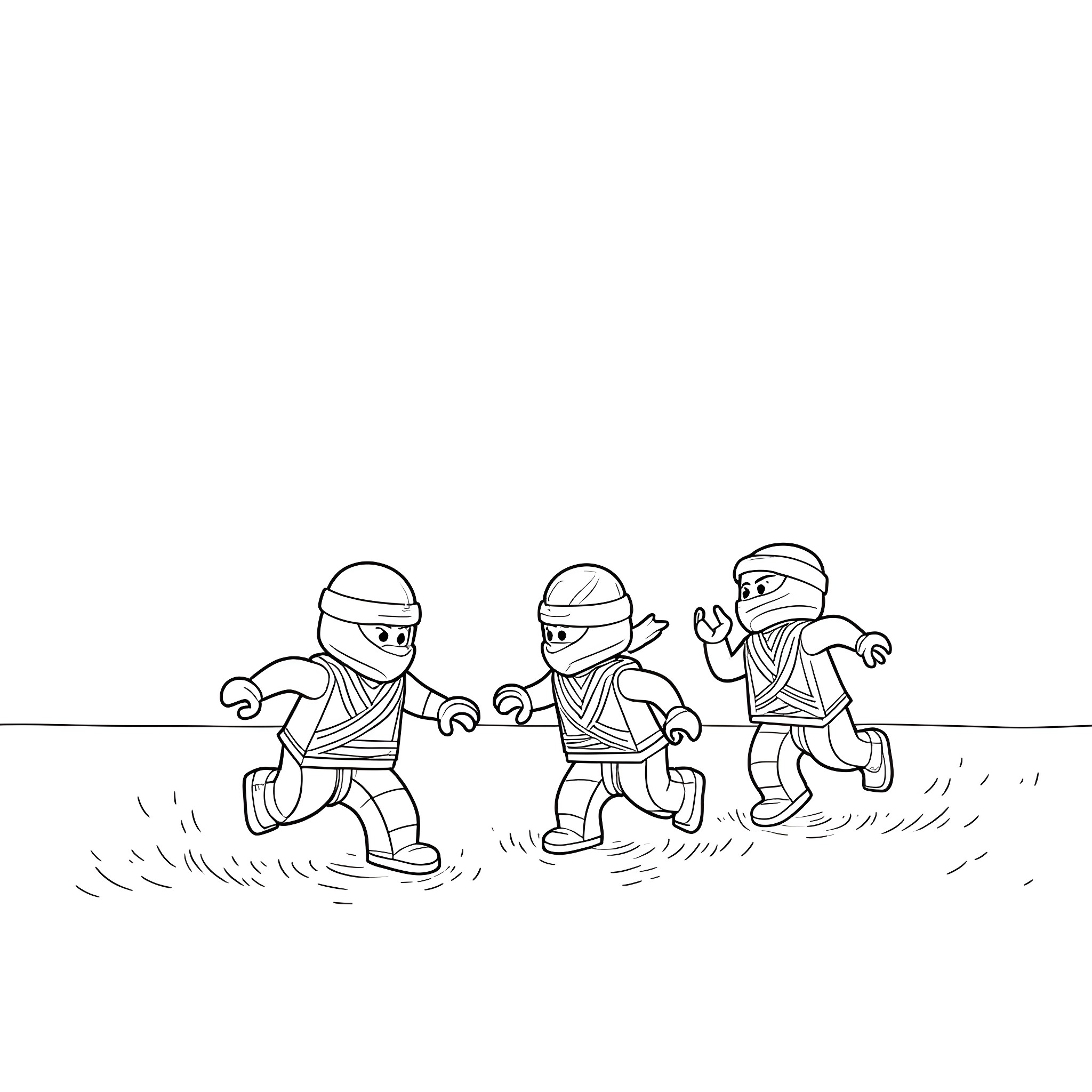 Ninjago ninjas in action on field Coloring Page (free black-and-white line drawing printable PDF for all, from beginners to advanced learners, including children, teens, adults, and seniors)