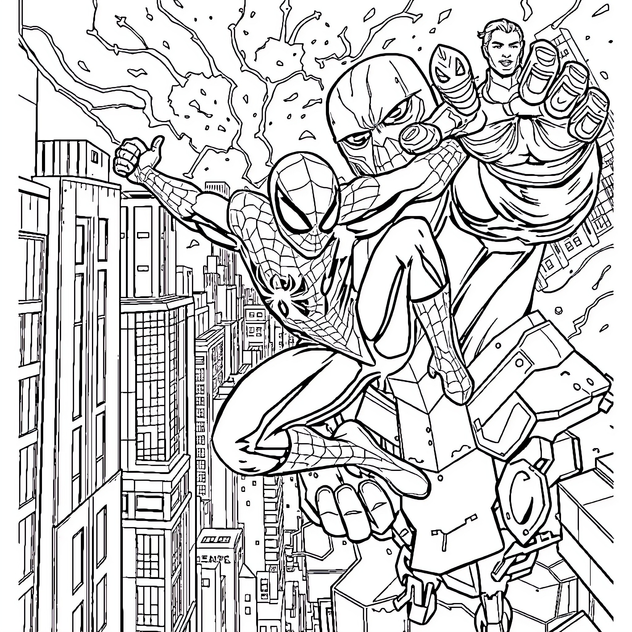 Spider-Man Battles Villains in the City Coloring Page (free black-and-white line drawing printable PDF for all, from beginners to advanced learners, including children, teens, adults, and seniors)
