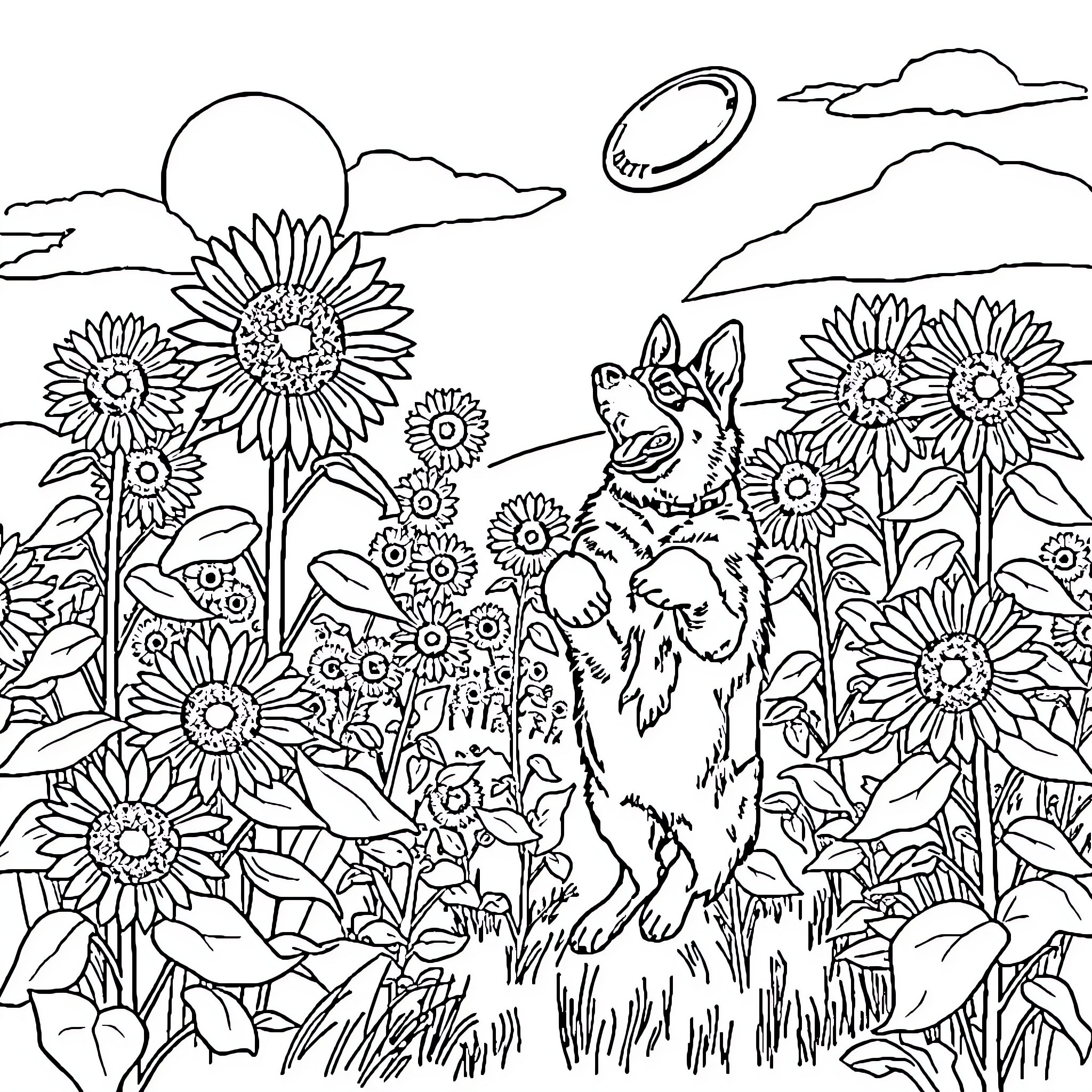 German Shepherd Playing in Sunflower Field Coloring Page (free black-and-white line drawing printable PDF for all, from beginners to advanced learners, including children, teens, adults, and seniors)