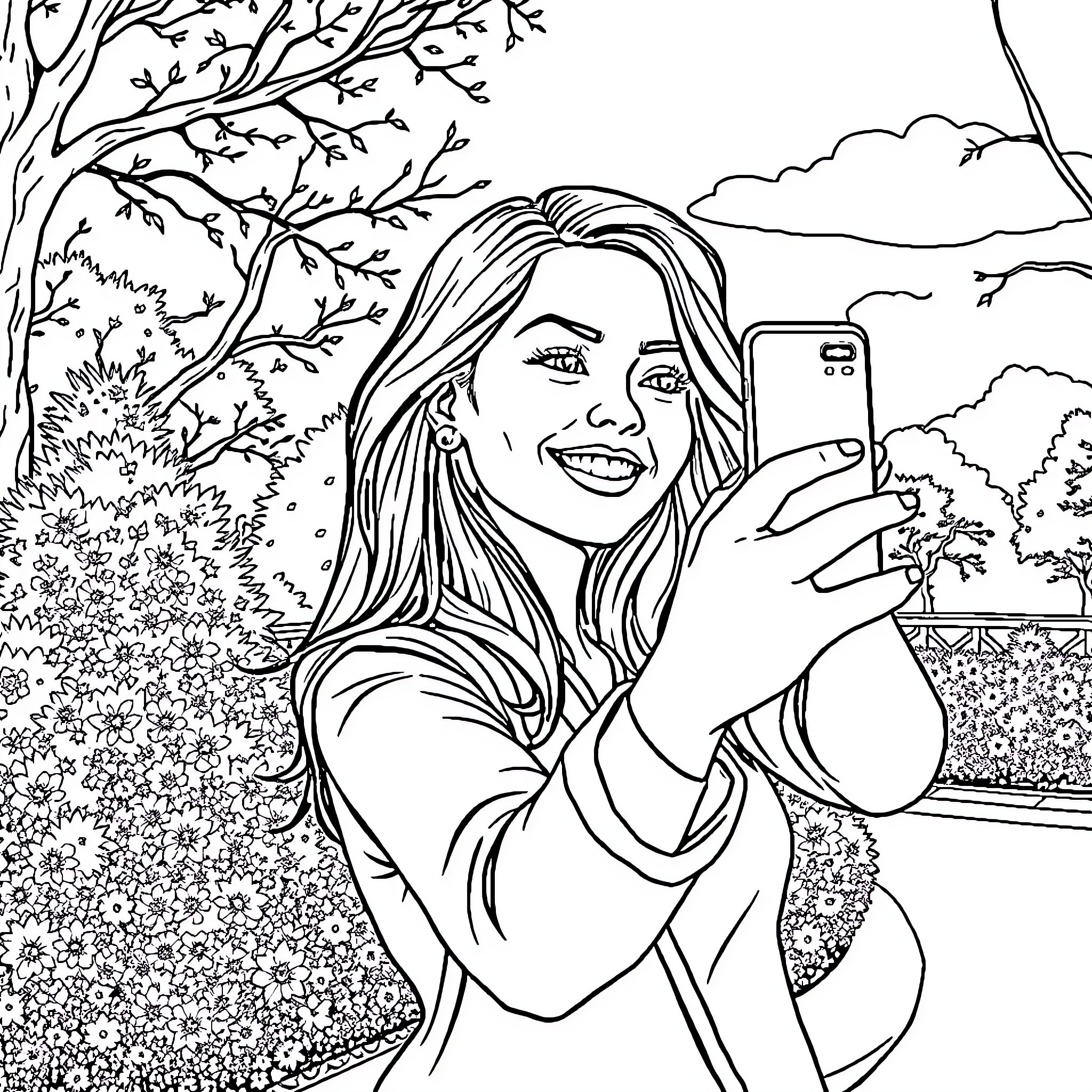 Girl taking a selfie in nature Coloring Page (free black-and-white line drawing printable PDF for all, from beginners to advanced learners, including children, teens, adults, and seniors)