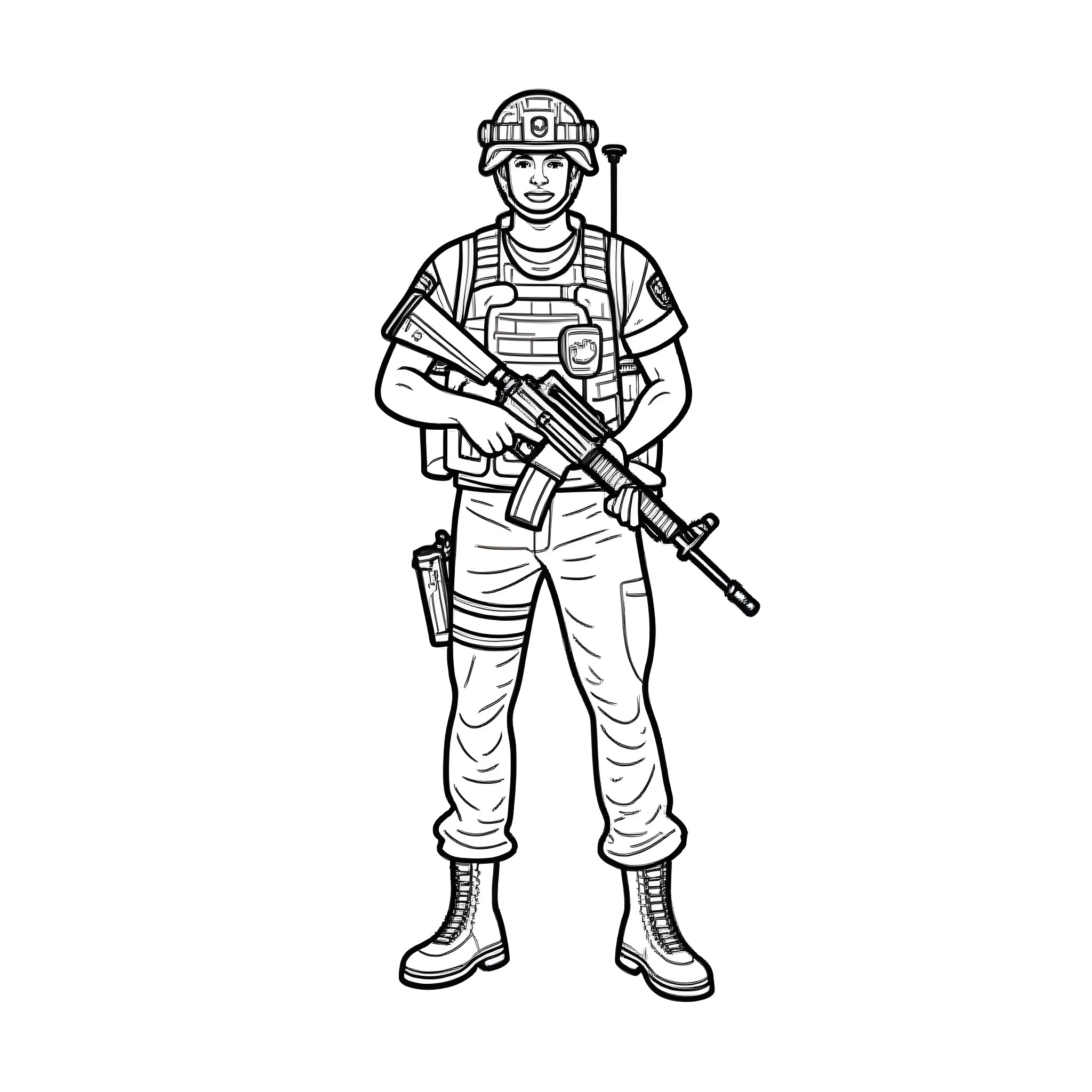 Marine Soldier in Tactical Gear and Helmet Coloring Page (free black-and-white line drawing printable PDF for all, from beginners to advanced learners, including children, teens, adults, and seniors)