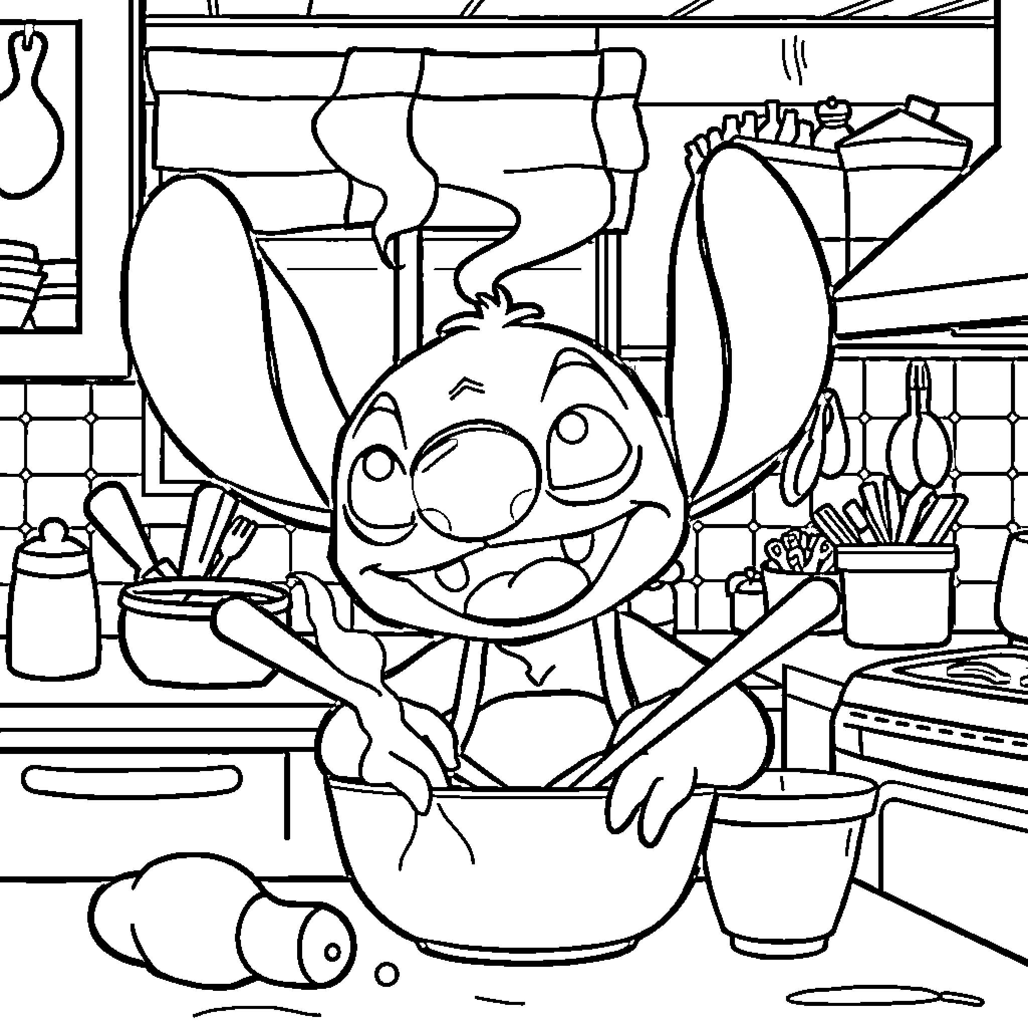 Stitch cooking in the kitchen Coloring Page (free black-and-white line drawing printable PDF for all, from beginners to advanced learners, including children, teens, adults, and seniors)
