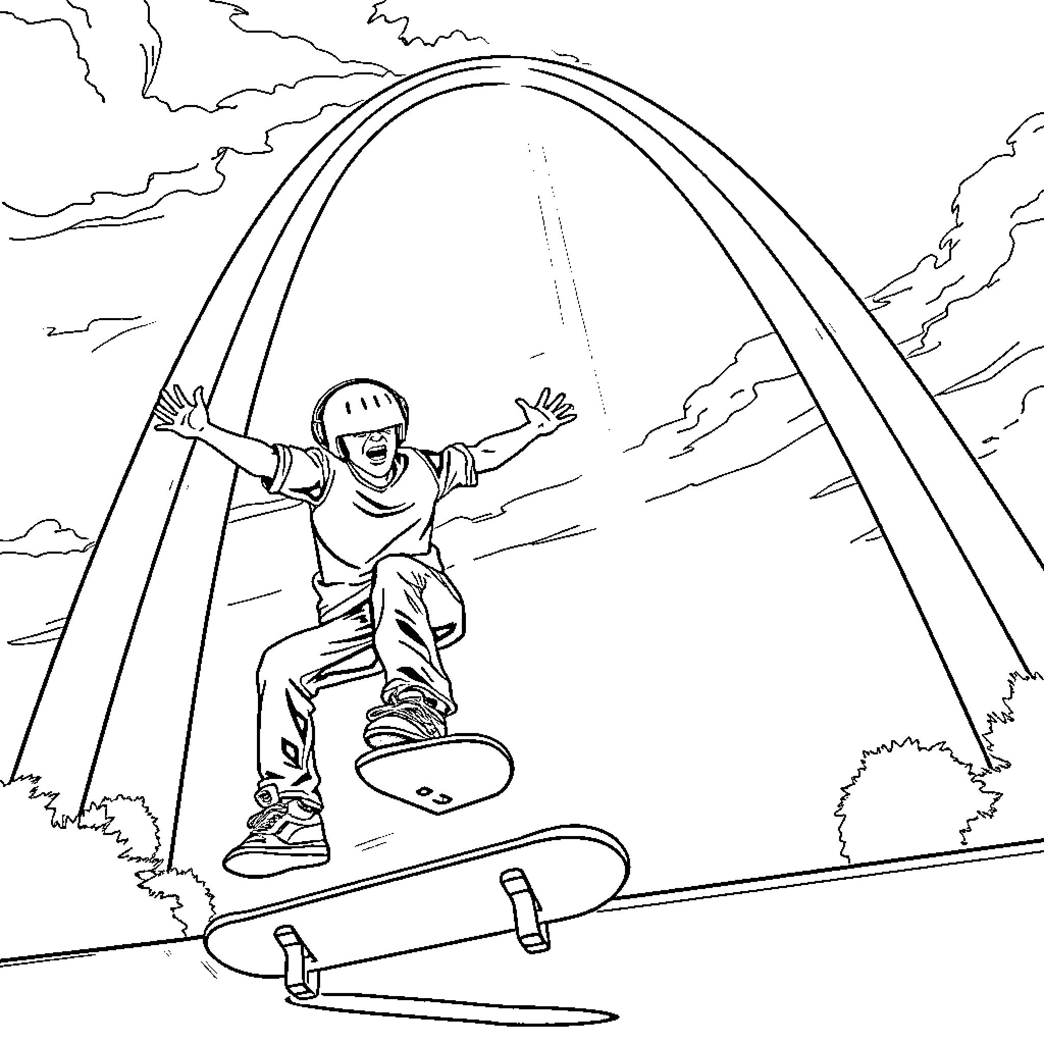 Bluey skateboarding under the arc Coloring Page (free black-and-white line drawing printable PDF for all, from beginners to advanced learners, including children, teens, adults, and seniors)