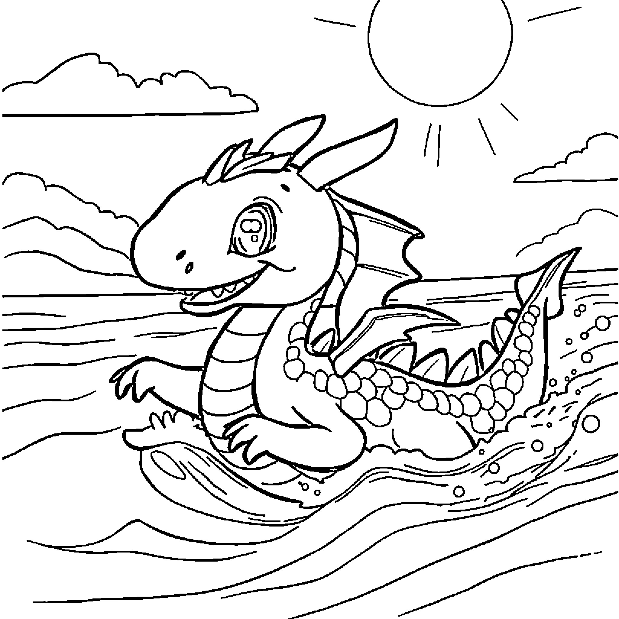 Dragon swimming happily in the ocean Coloring Page (free black-and-white line drawing printable PDF for all, from beginners to advanced learners, including children, teens, adults, and seniors)