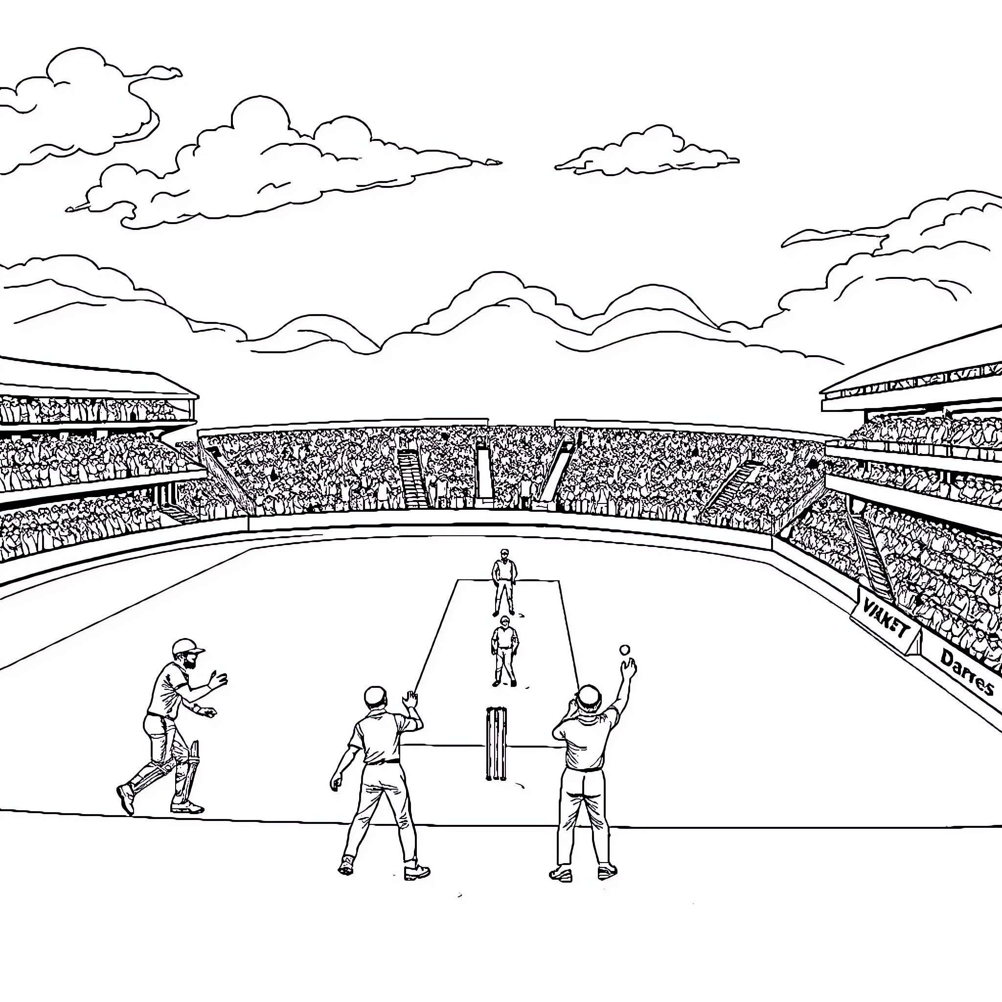 Cricket players in action at the stadium Coloring Page (free black-and-white line drawing printable PDF for all, from beginners to advanced learners, including children, teens, adults, and seniors)
