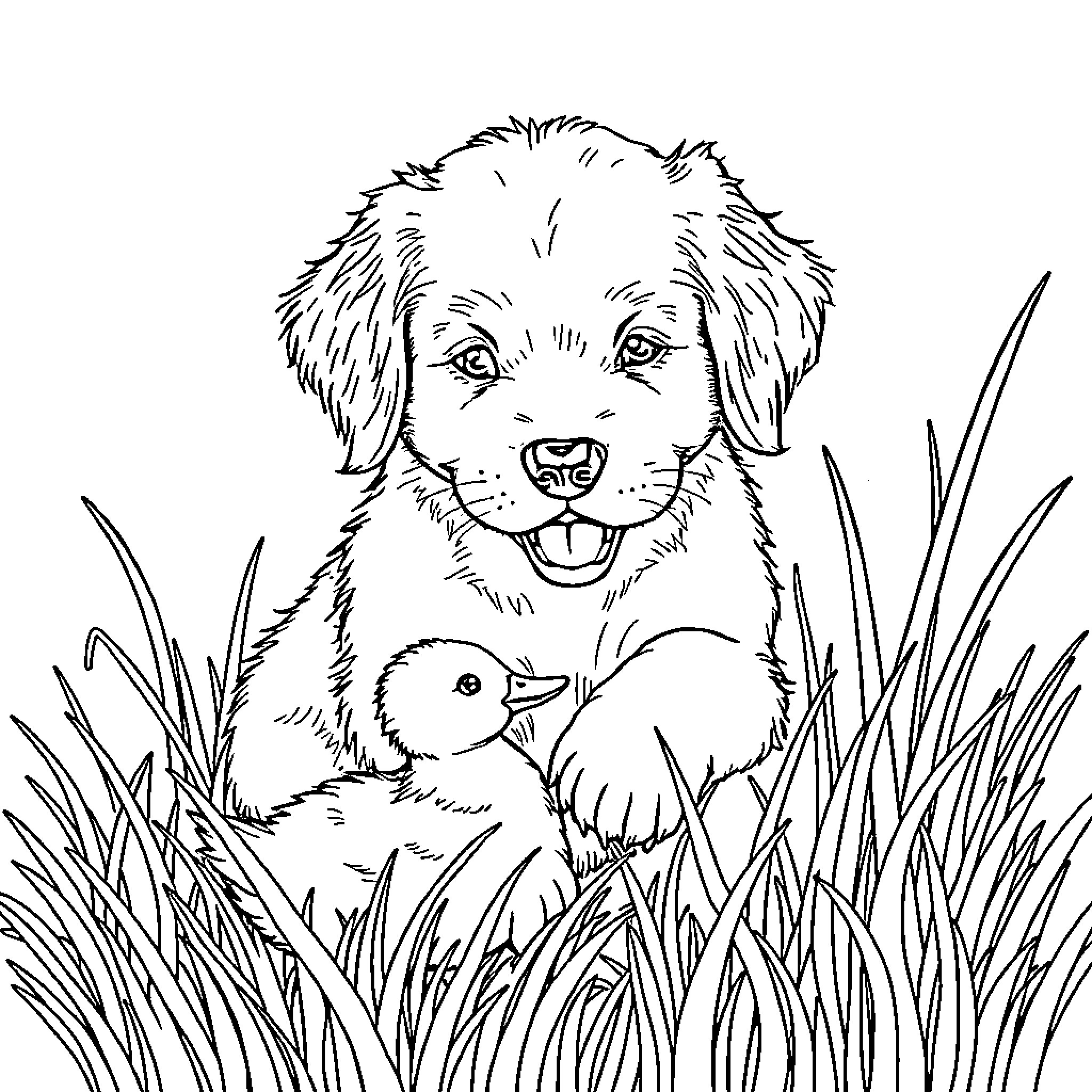 Golden Retriever playing with baby duck in the grass Coloring Page (free black-and-white line drawing printable PDF for all, from beginners to advanced learners, including children, teens, adults, and seniors)