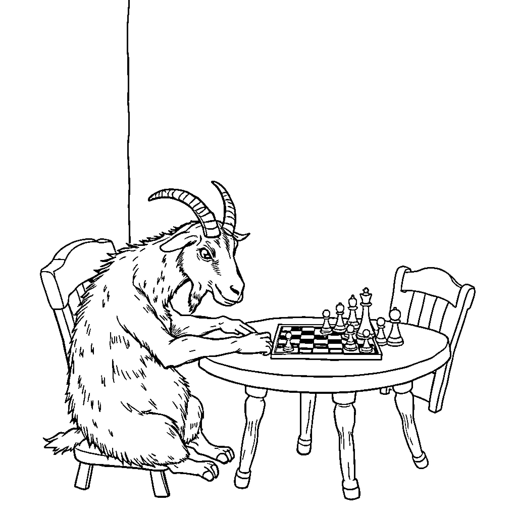 Goat playing chess alone at the table Coloring Page (free black-and-white line drawing printable PDF for all, from beginners to advanced learners, including children, teens, adults, and seniors)