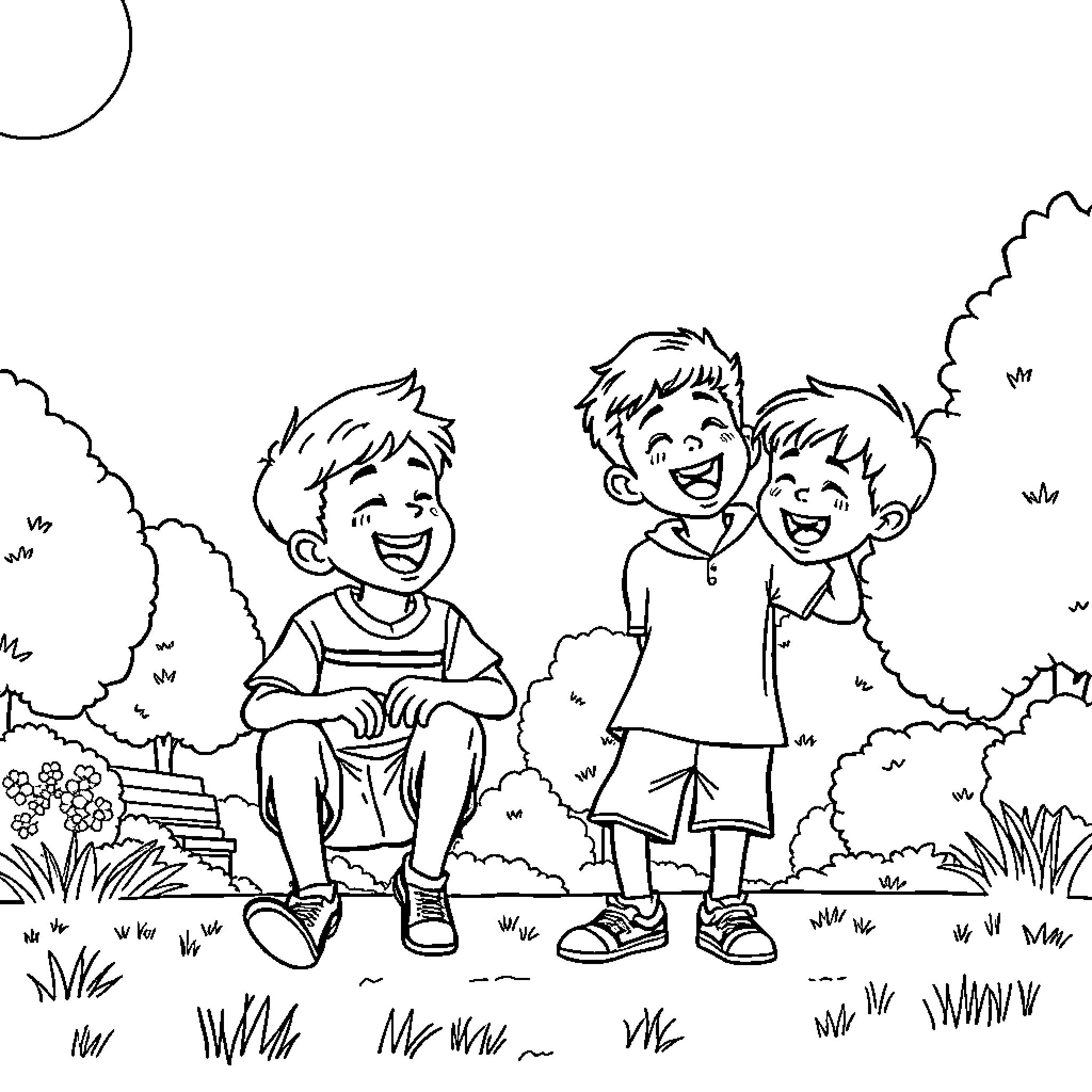 Saja Boy Plays Happily with Friends in Nature Coloring Page (free black-and-white line drawing printable PDF for all, from beginners to advanced learners, including children, teens, adults, and seniors)