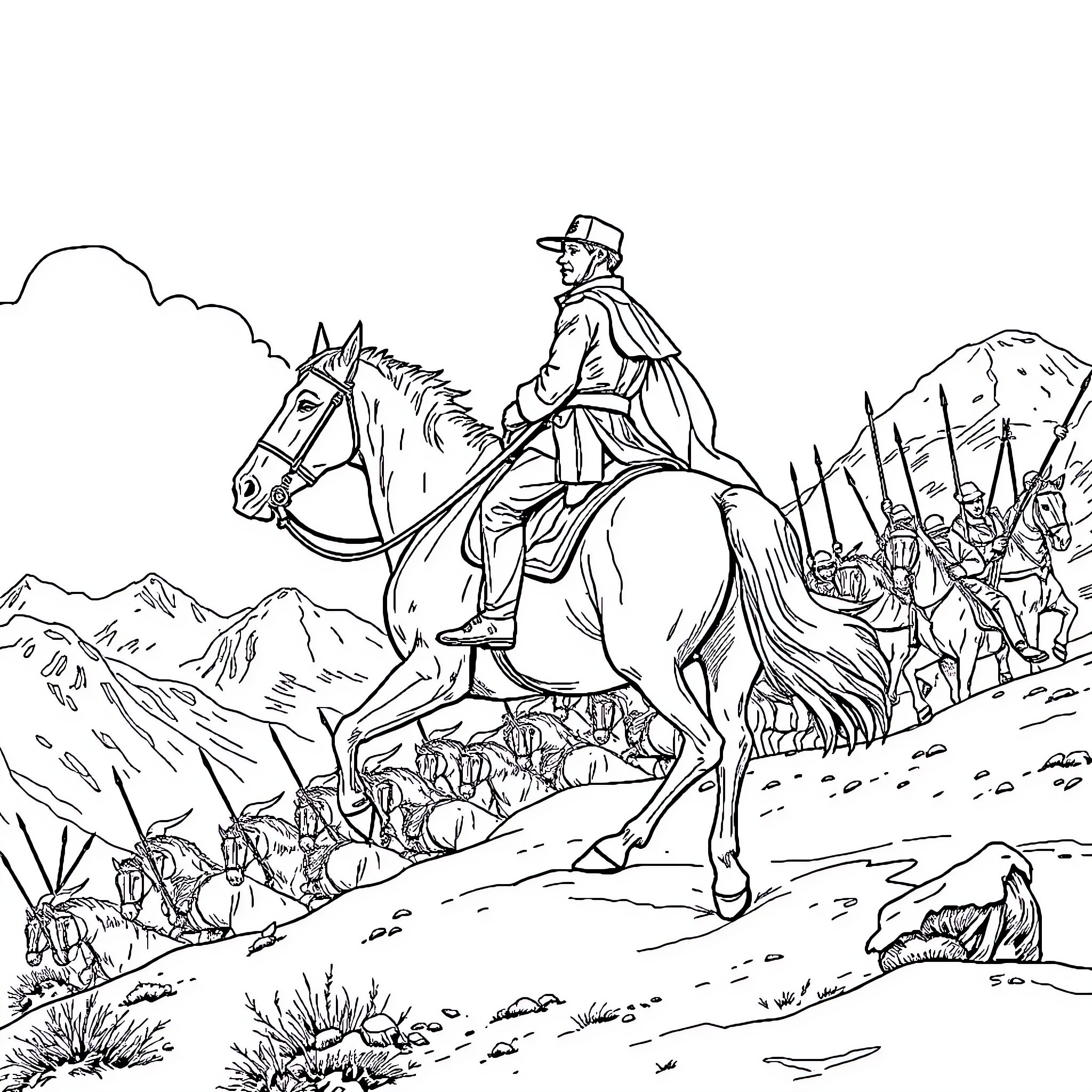 General Jose de San Martin leading his army on horseback Coloring Page (free black-and-white line drawing printable PDF for all, from beginners to advanced learners, including children, teens, adults, and seniors)