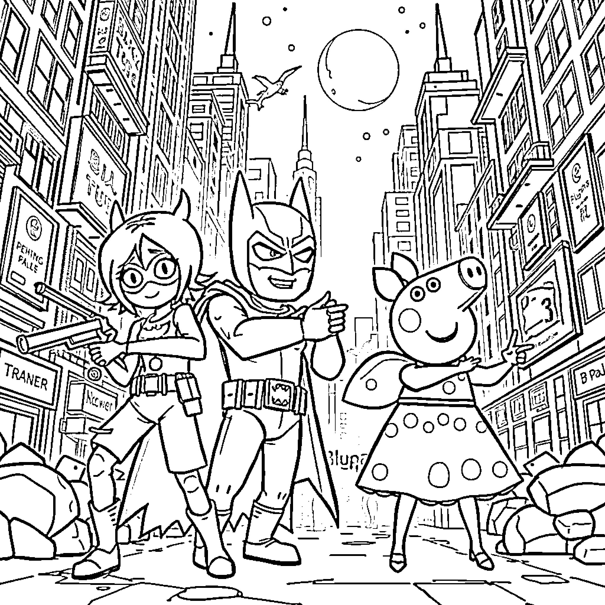 K-POP Demon Hunter in Superhero-Filled City Coloring Page (free black-and-white line drawing printable PDF for all, from beginners to advanced learners, including children, teens, adults, and seniors)
