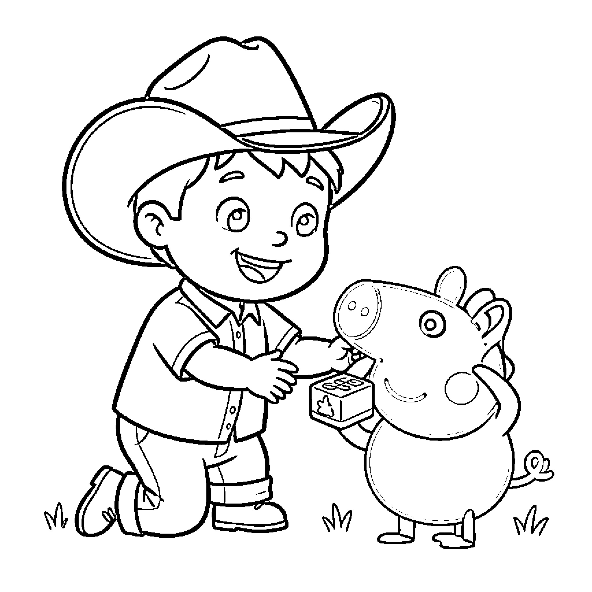 Boy playing with cartoon animal companion Coloring Page (free black-and-white line drawing printable PDF for all, from beginners to advanced learners, including children, teens, adults, and seniors)