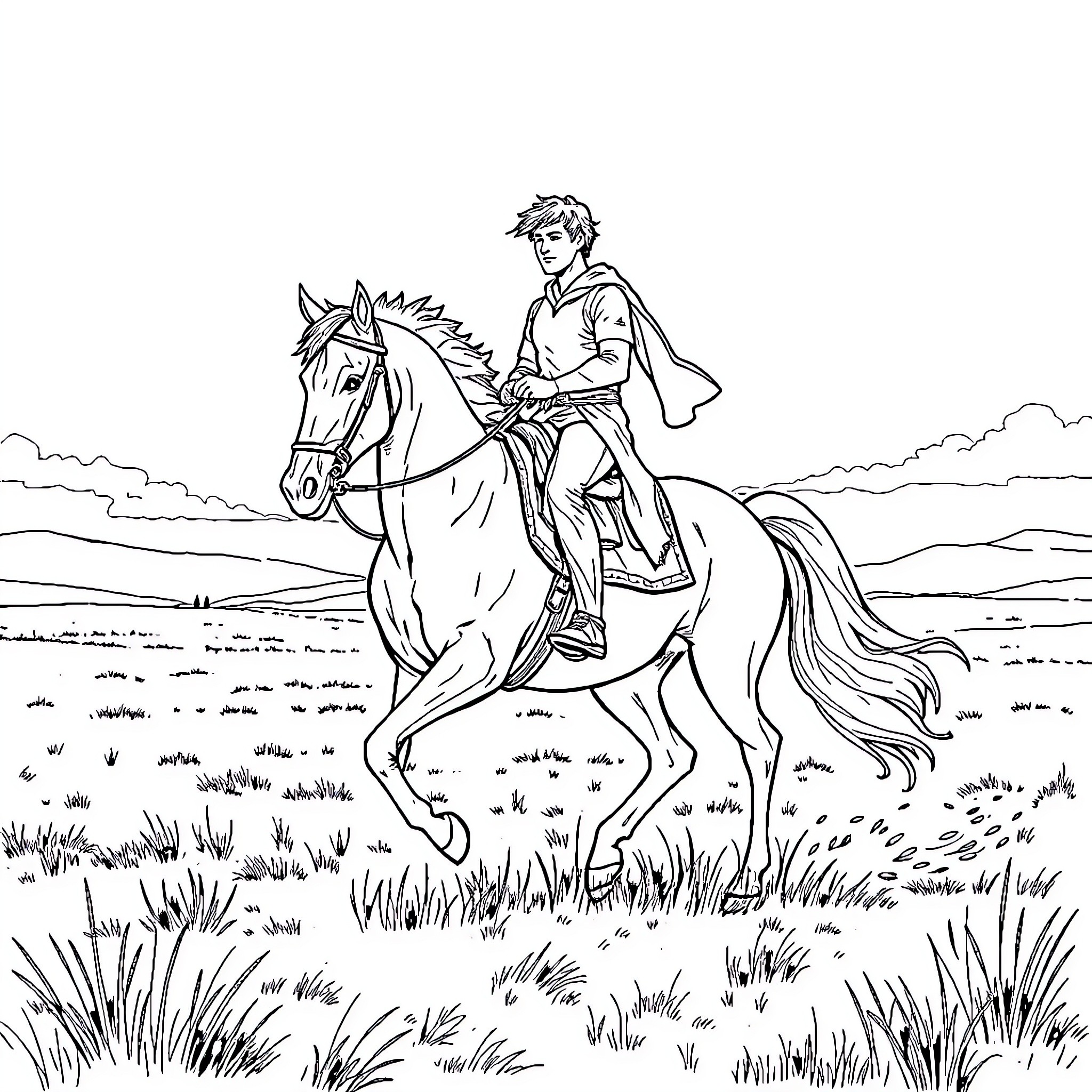 Horse rider in the countryside landscape Coloring Page (free black-and-white line drawing printable PDF for all, from beginners to advanced learners, including children, teens, adults, and seniors)