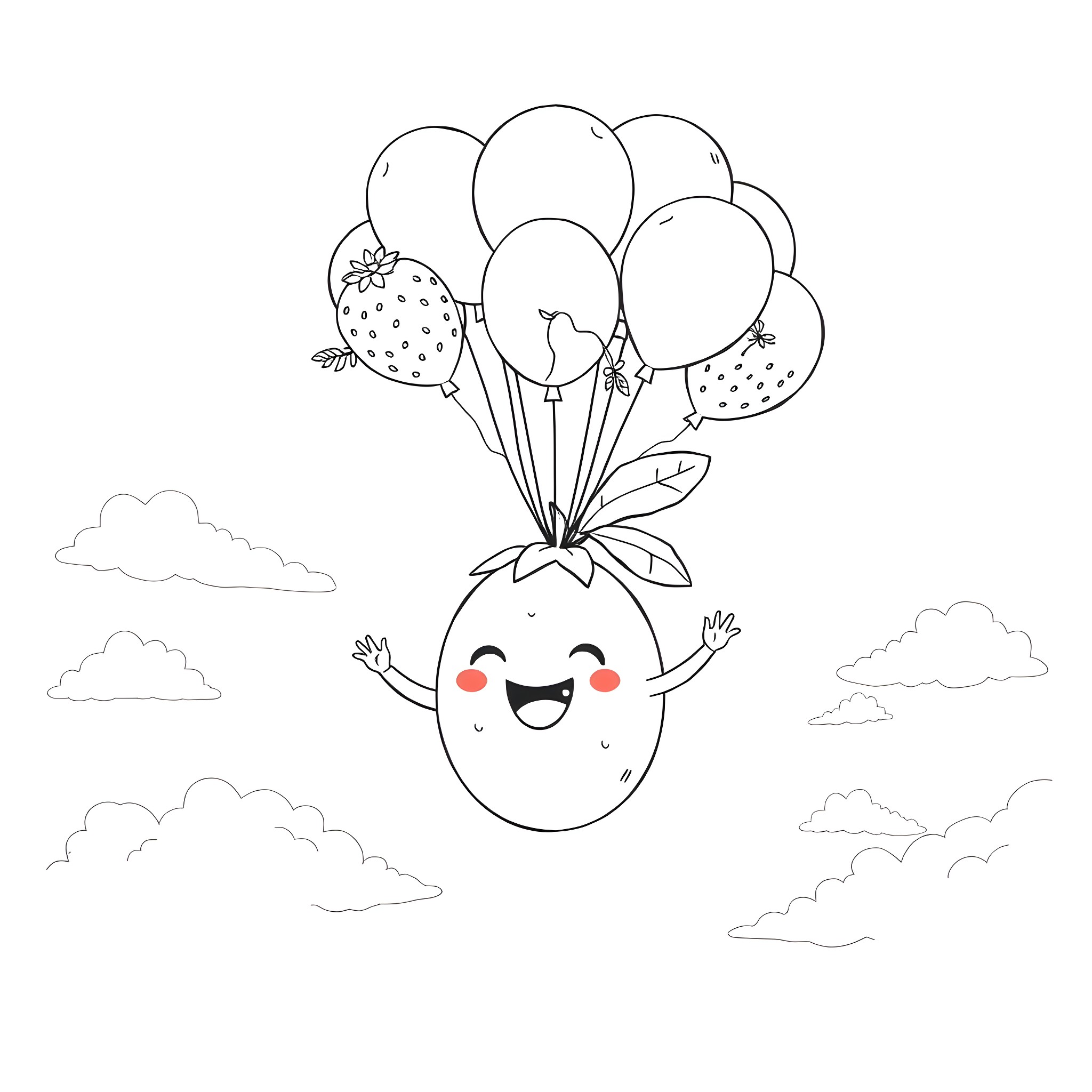 Mango floating happily with balloons in the sky Coloring Page (free black-and-white line drawing printable PDF for all, from beginners to advanced learners, including children, teens, adults, and seniors)